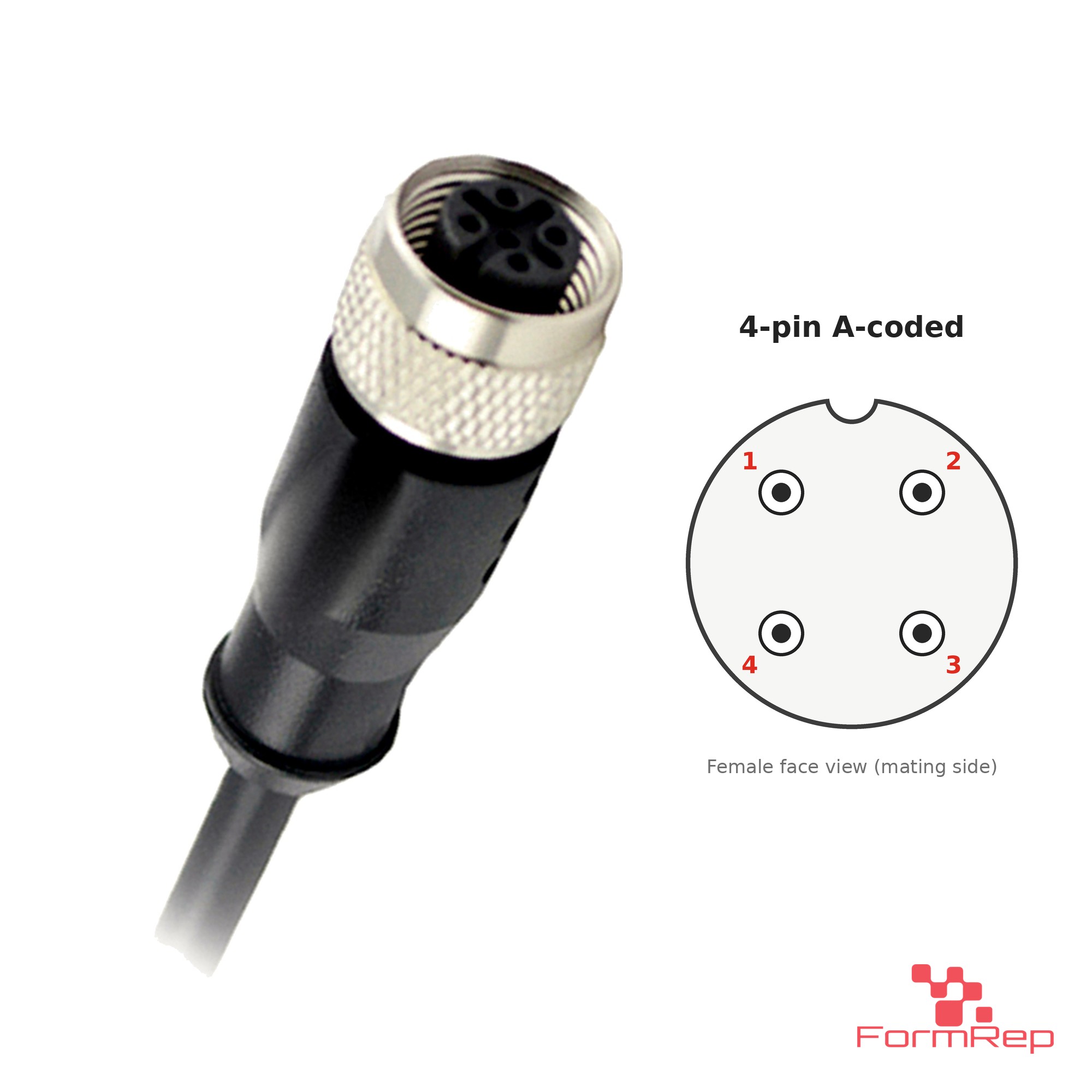 M12 A-coded female straight cable, 4-pin M12 A-coded female straight cable with 4-pin face layout