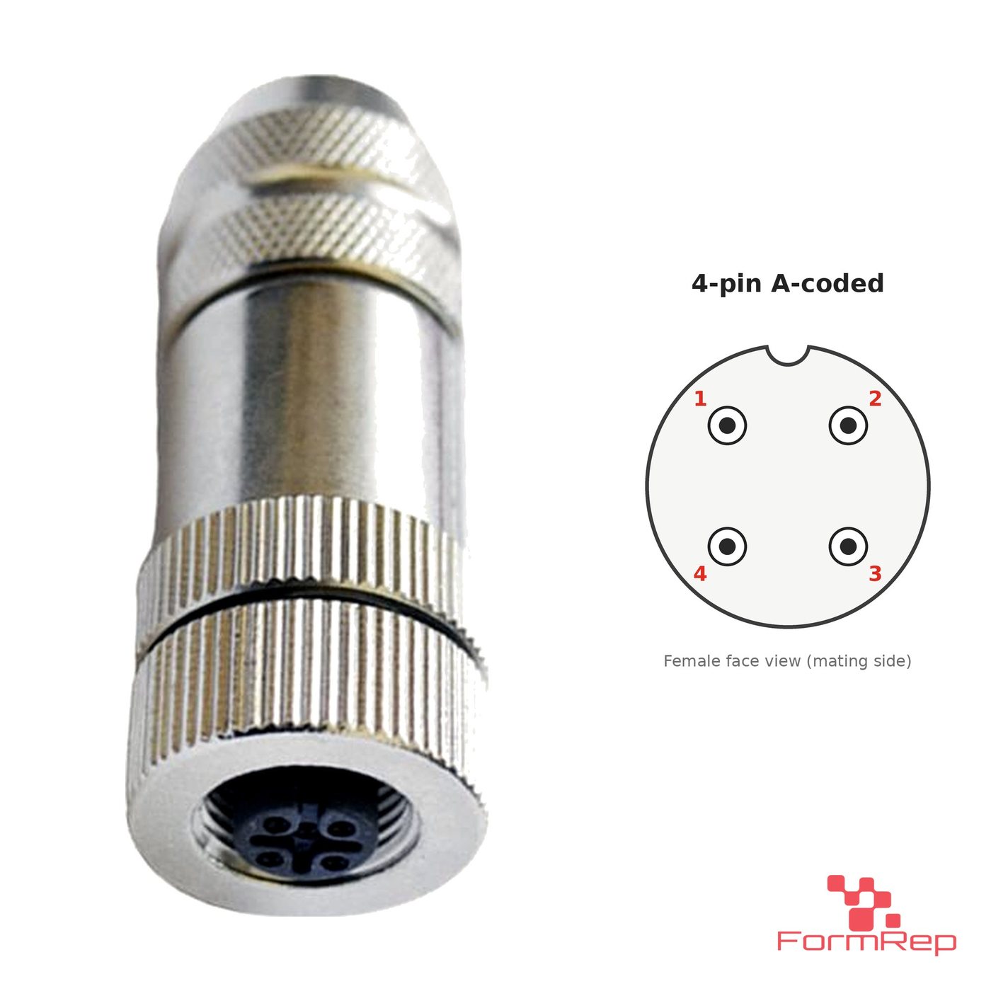M12 A-Coded Field-Attachable Connector, Metal, Shielded, female straight, 4-pin with pin layout