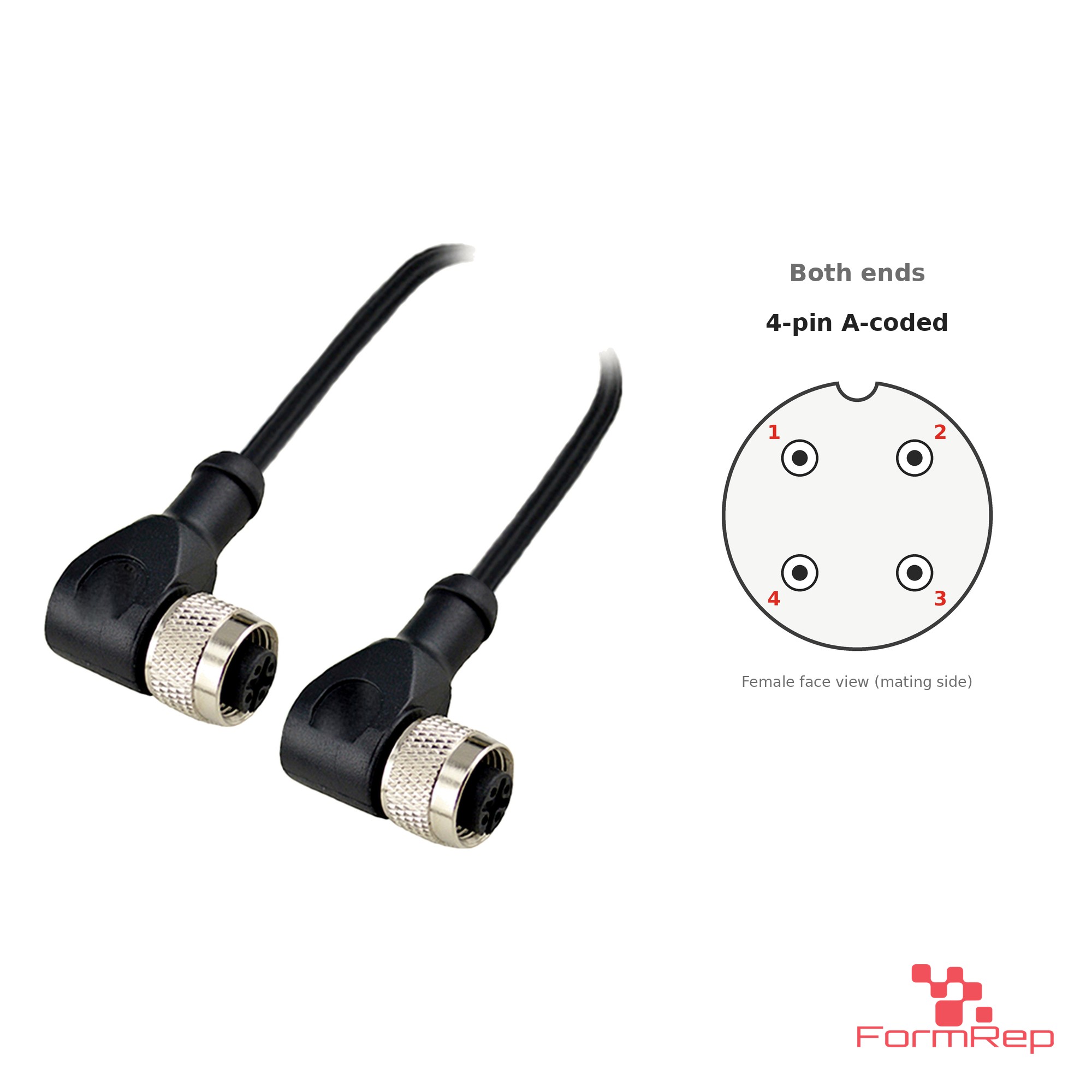 M12 A-Coded Female to Female Right-Angle Cable, 4-pin M12 A-Coded Female to Female Right-Angle Cable, 4-pin with pin layout