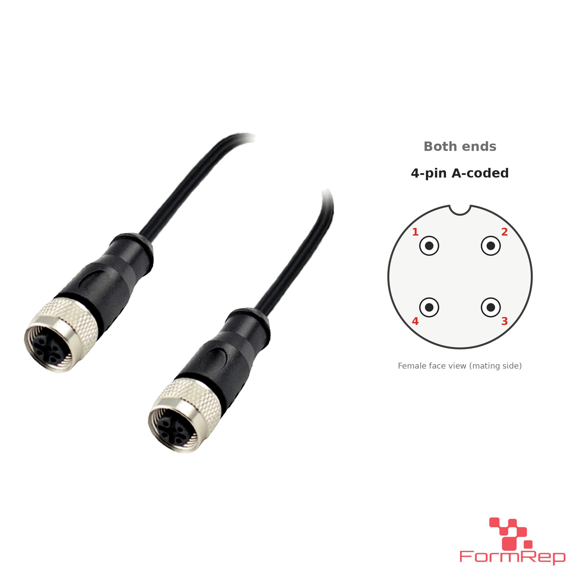 M12 A-Coded Female to Female Straight Cable, 4-pin M12 A-Coded Female to Female Straight Cable, 4-pin with pin layout