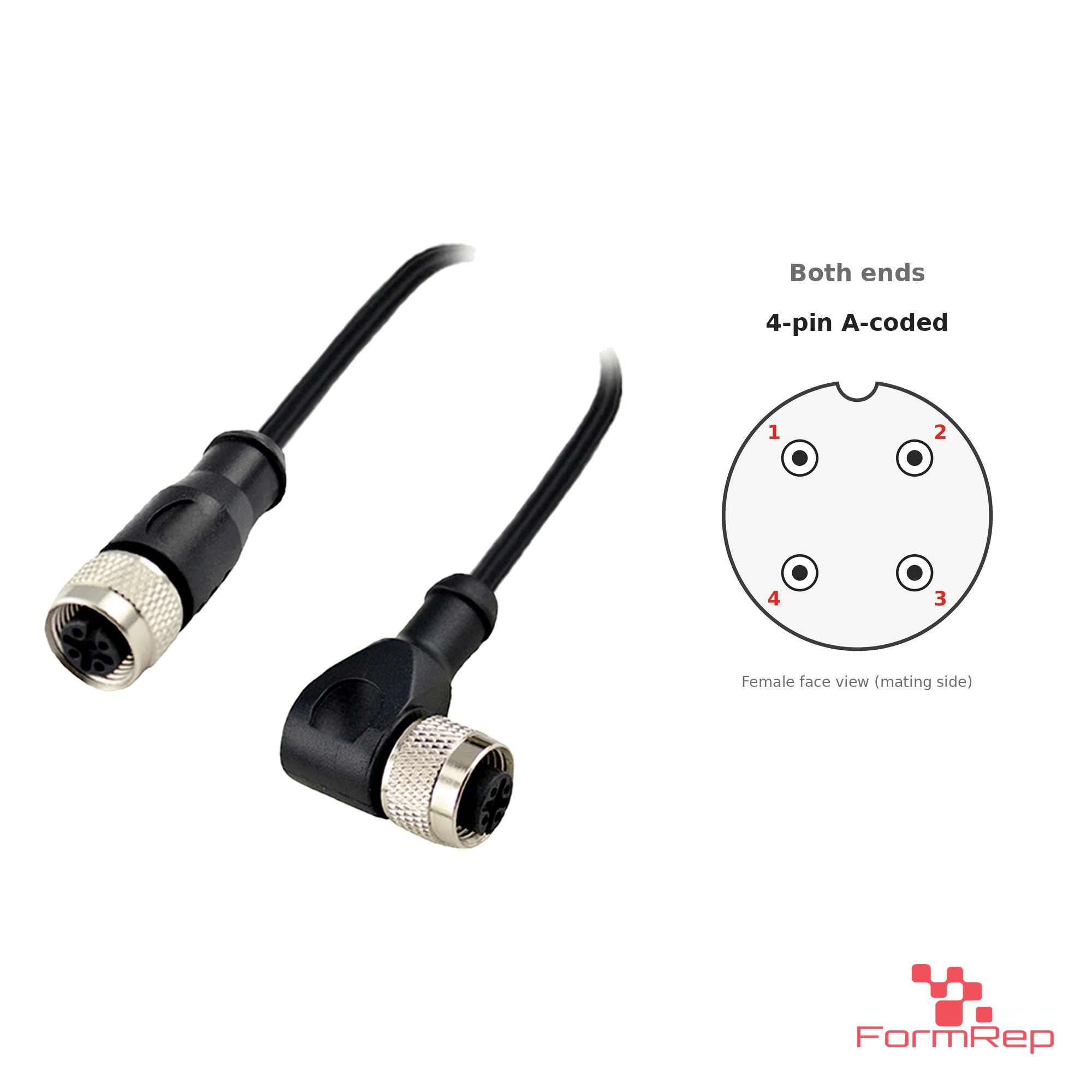 M12 A-Coded Female Straight to Female Right-Angle Cable, 4-pin with pin layout