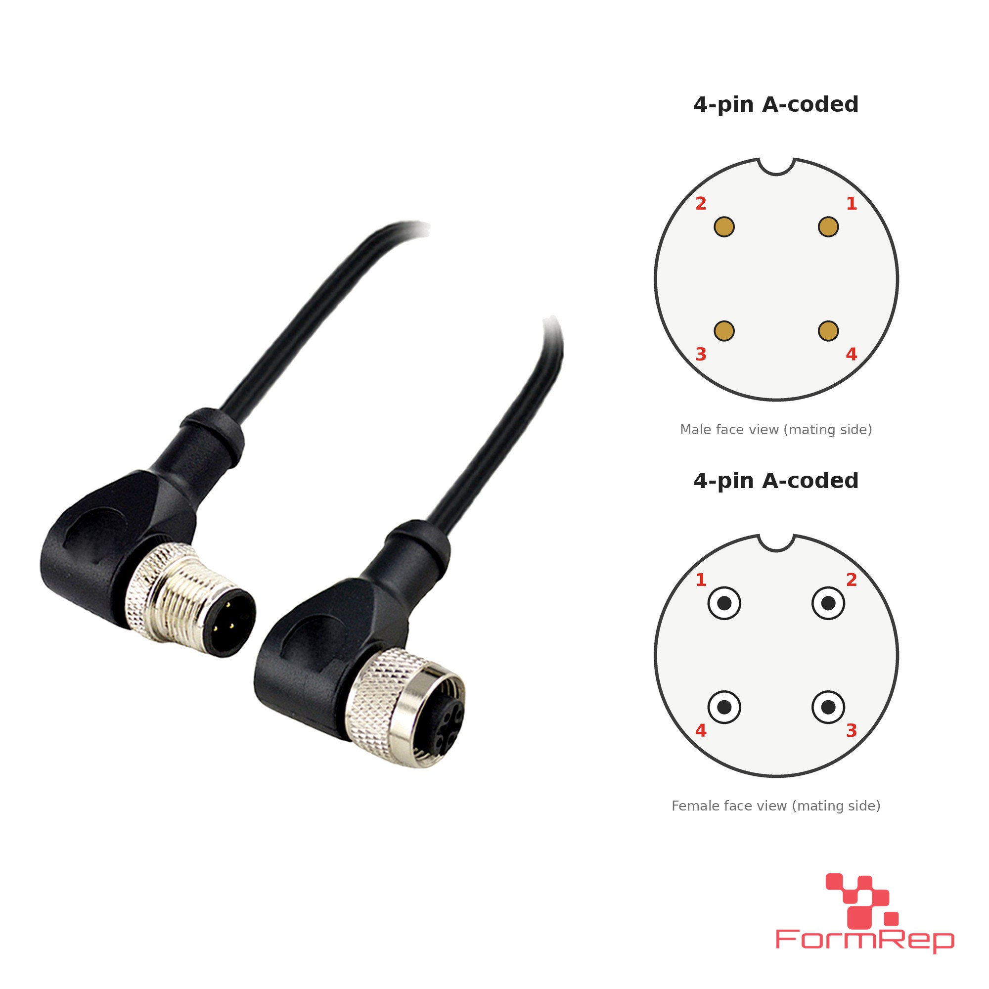M12 A-Coded Male Right-Angle to Female Right-Angle Cable, 4-pin M12 A-Coded Male Right-Angle to Female Right-Angle Cable, 4-pin with pin layout