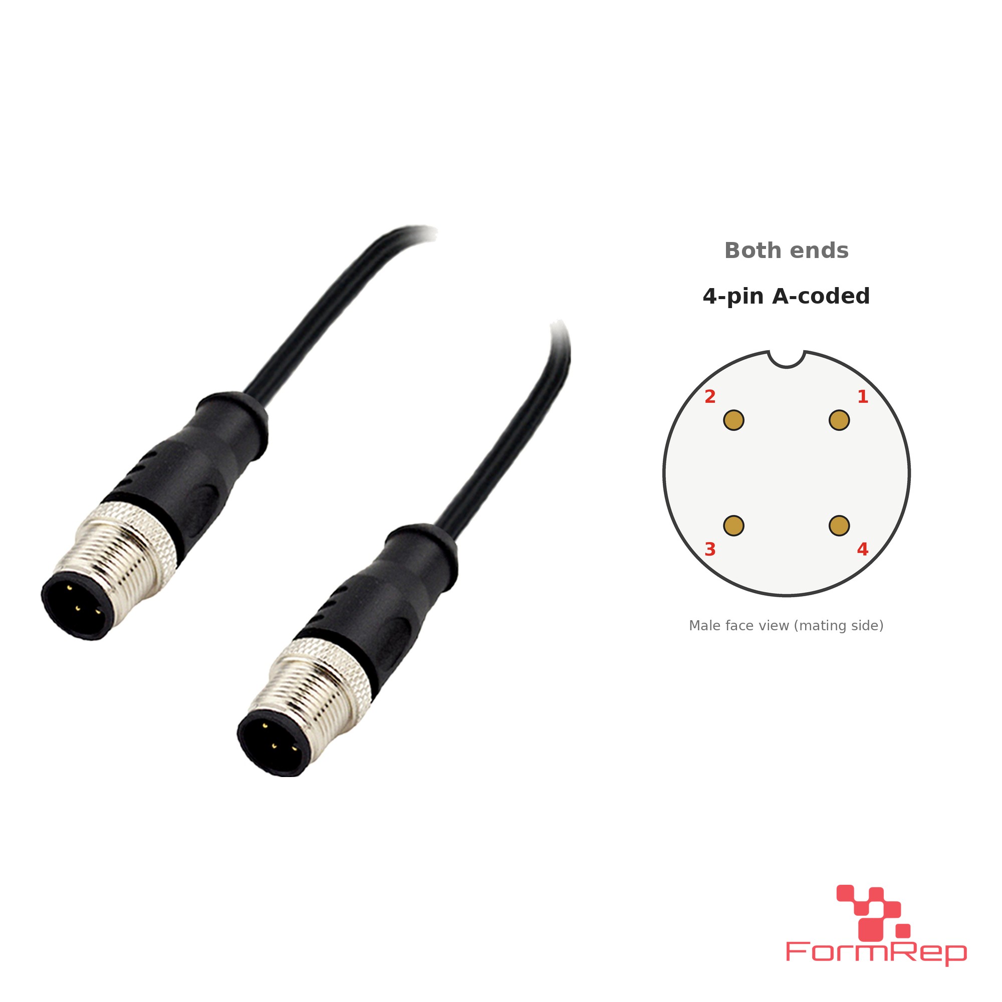 M12 A-Coded Male to Male Straight Cable, 4-pin M12 A-Coded Male to Male Straight Cable, 4-pin with pin layout