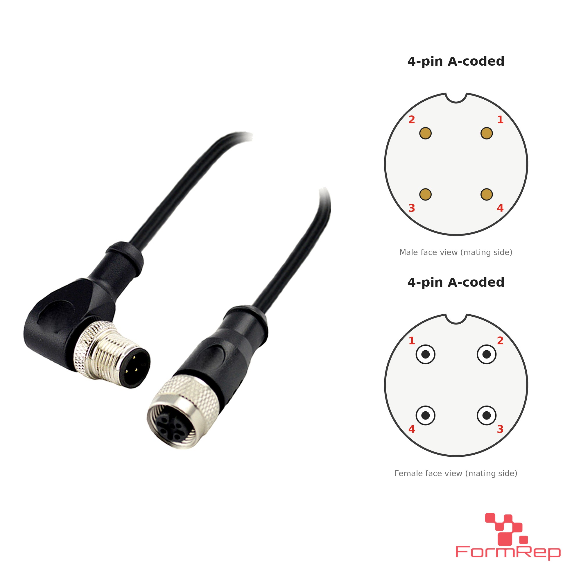 M12 A-Coded Male Right-Angle to Female Straight Cable, 4-pin M12 A-Coded Male Right-Angle to Female Straight Cable, 4-pin with pin layout