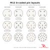 M12 A-coded pin layouts for 3, 4, 5, 8, 12 and 17 pin