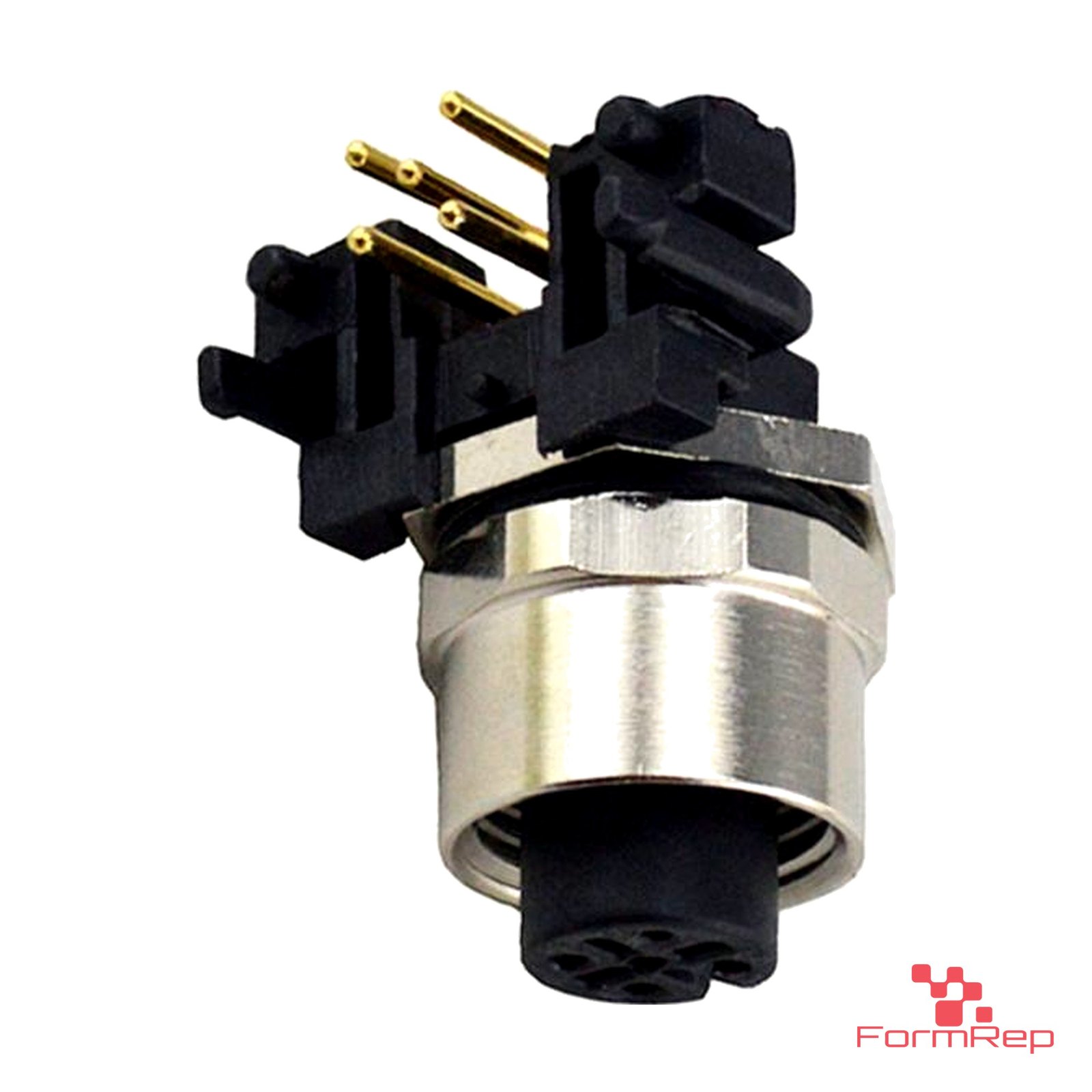 M12 A-Coded Panel-Mount Receptacle, PCB Pins, female right-angle, front mount