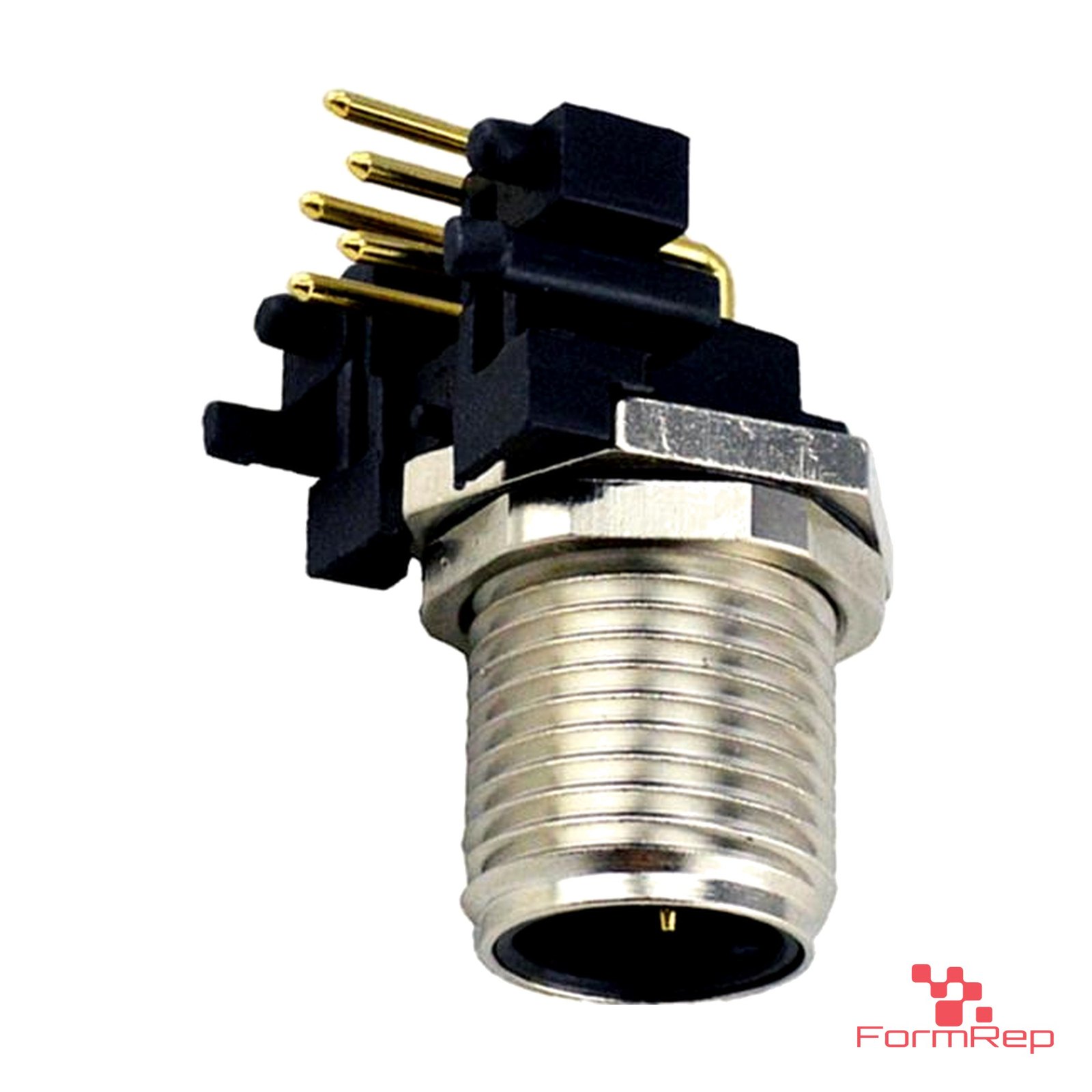 M12 A-Coded Panel-Mount Receptacle, PCB Pins, male right-angle, front mount