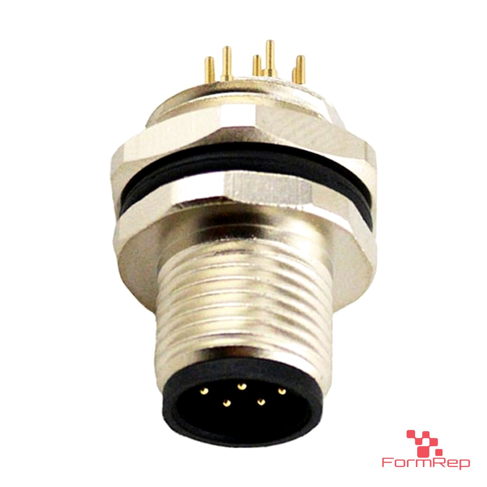 M12 A-Coded Panel-Mount Receptacle, PCB Pins, male straight, rear mount