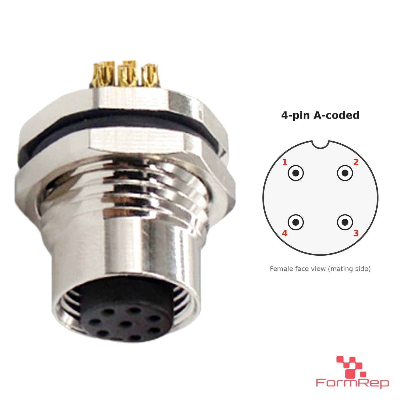 M12 A-Coded Panel-Mount Receptacle, Solder Cups, female straight, front mount, 4-pin with pin layout