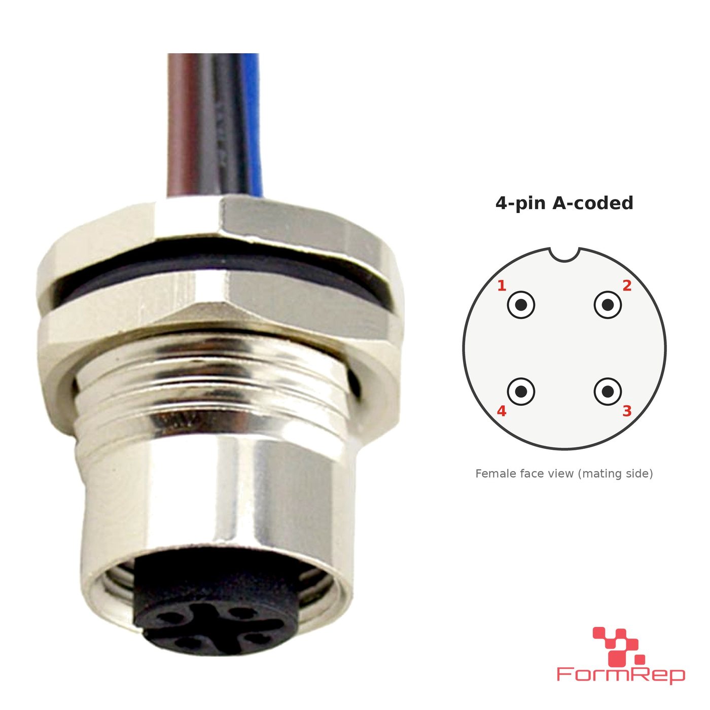 M12 A-Coded Panel-Mount Receptacle, Pre-Wired Leads, female straight, front mount, 4-pin with pin layout