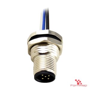 M12 A-Coded Panel-Mount Receptacle, Pre-Wired Leads, male straight, front mount
