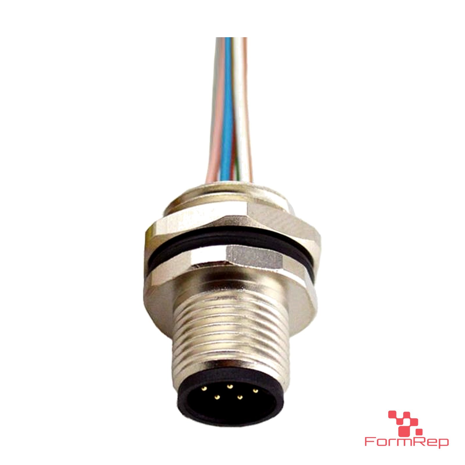 M12 A-Coded Panel-Mount Receptacle, Pre-Wired Leads, male straight, rear mount
