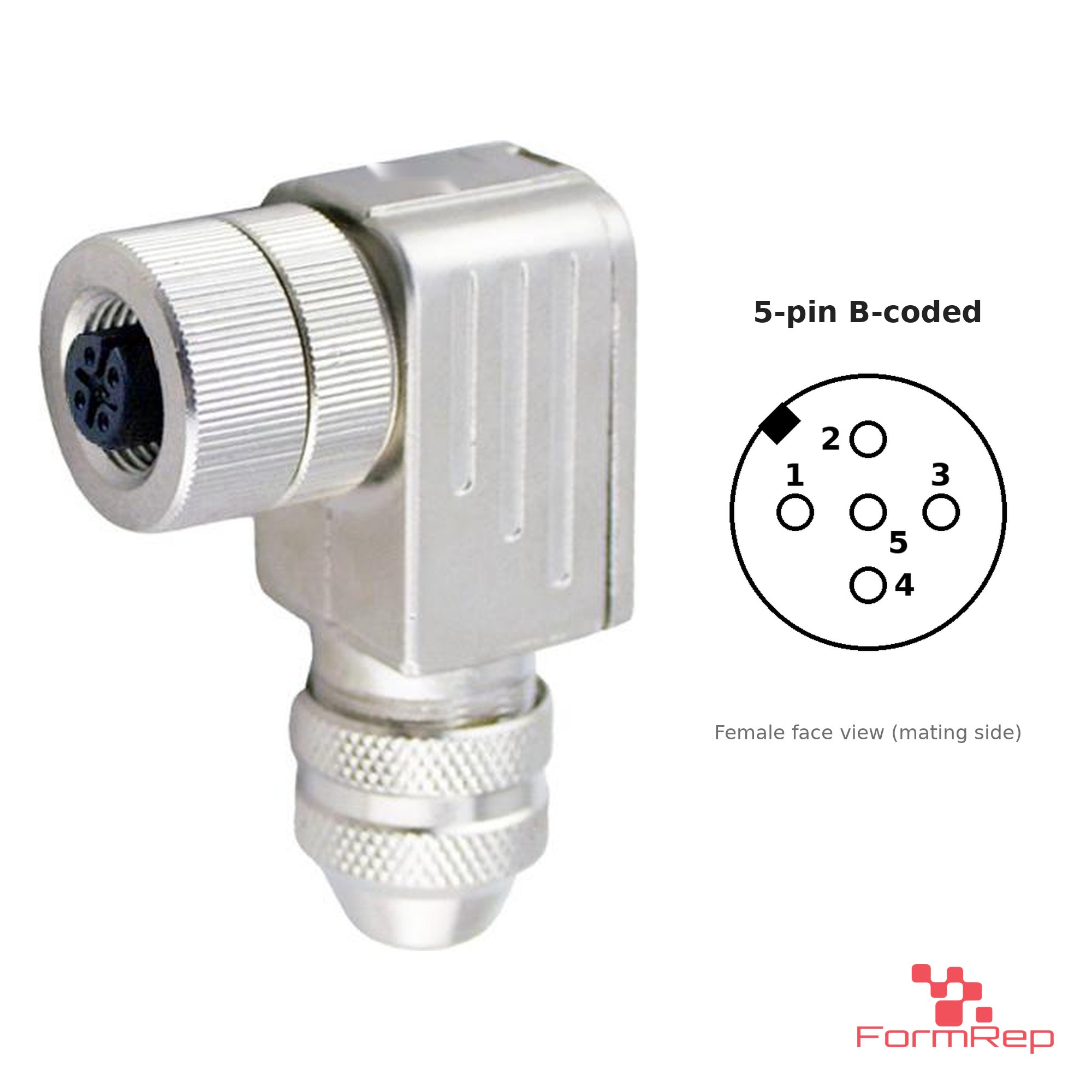 M12 B-Coded Field-Attachable Connector, Metal, Shielded, female right-angle