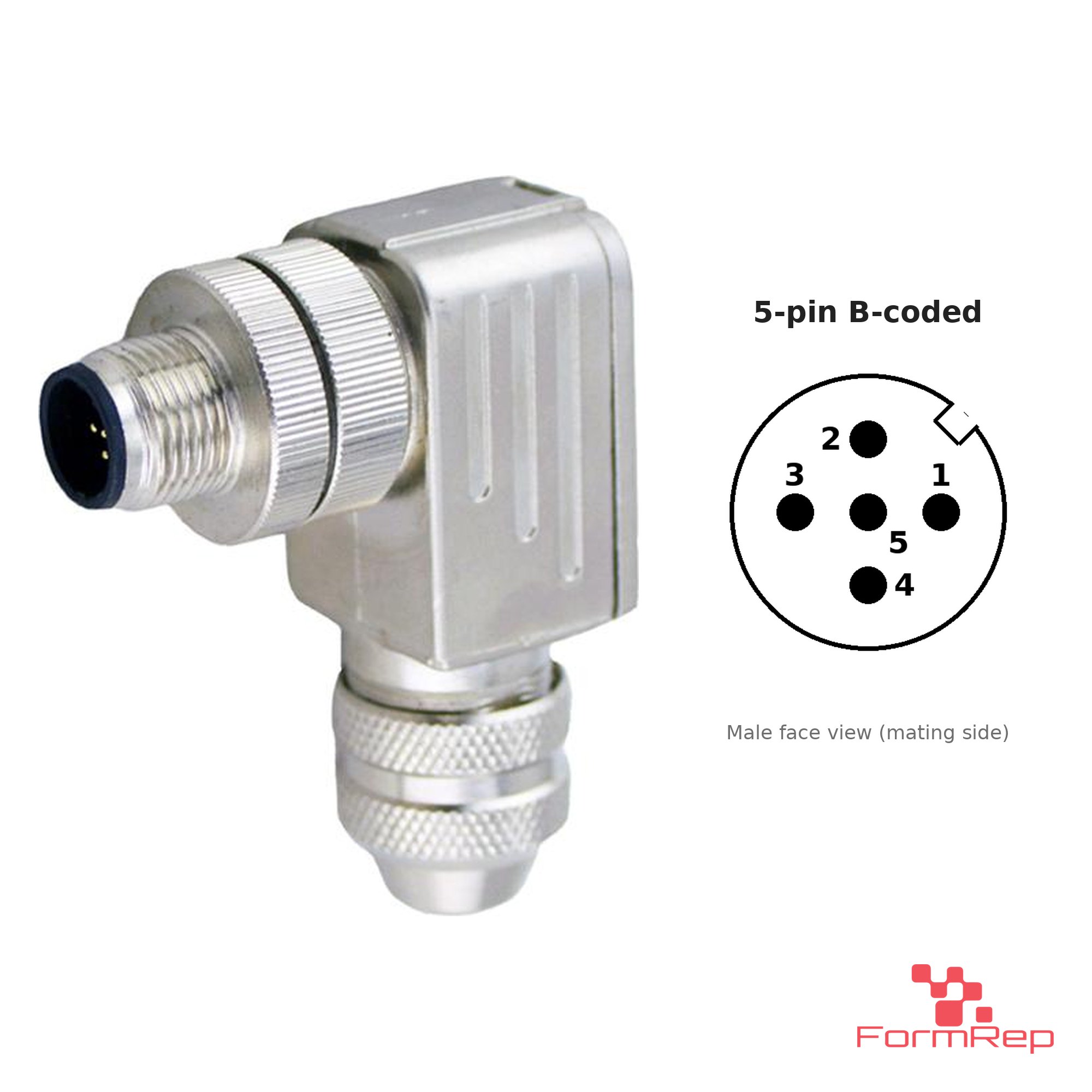 M12 B-Coded Field-Attachable Connector, Metal, Shielded, male right-angle