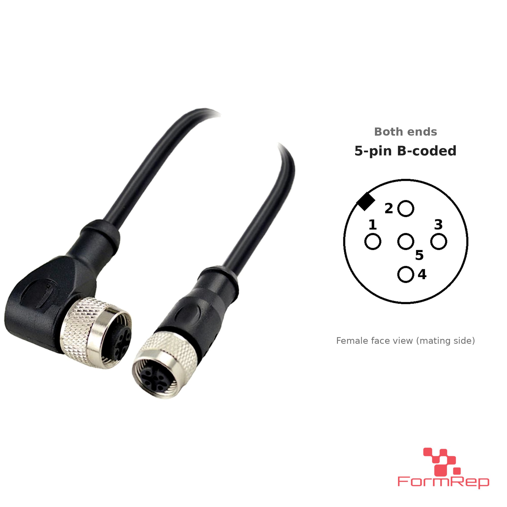 M12 B-Coded Female Straight to Female Right-Angle Cable, with pin layout M12 B-Coded Female Straight to Female Right-Angle Cable, with pin layout