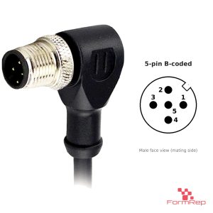 M12 B-Coded Male Right-Angle Molded Cable, Single-Ended, with pin layout