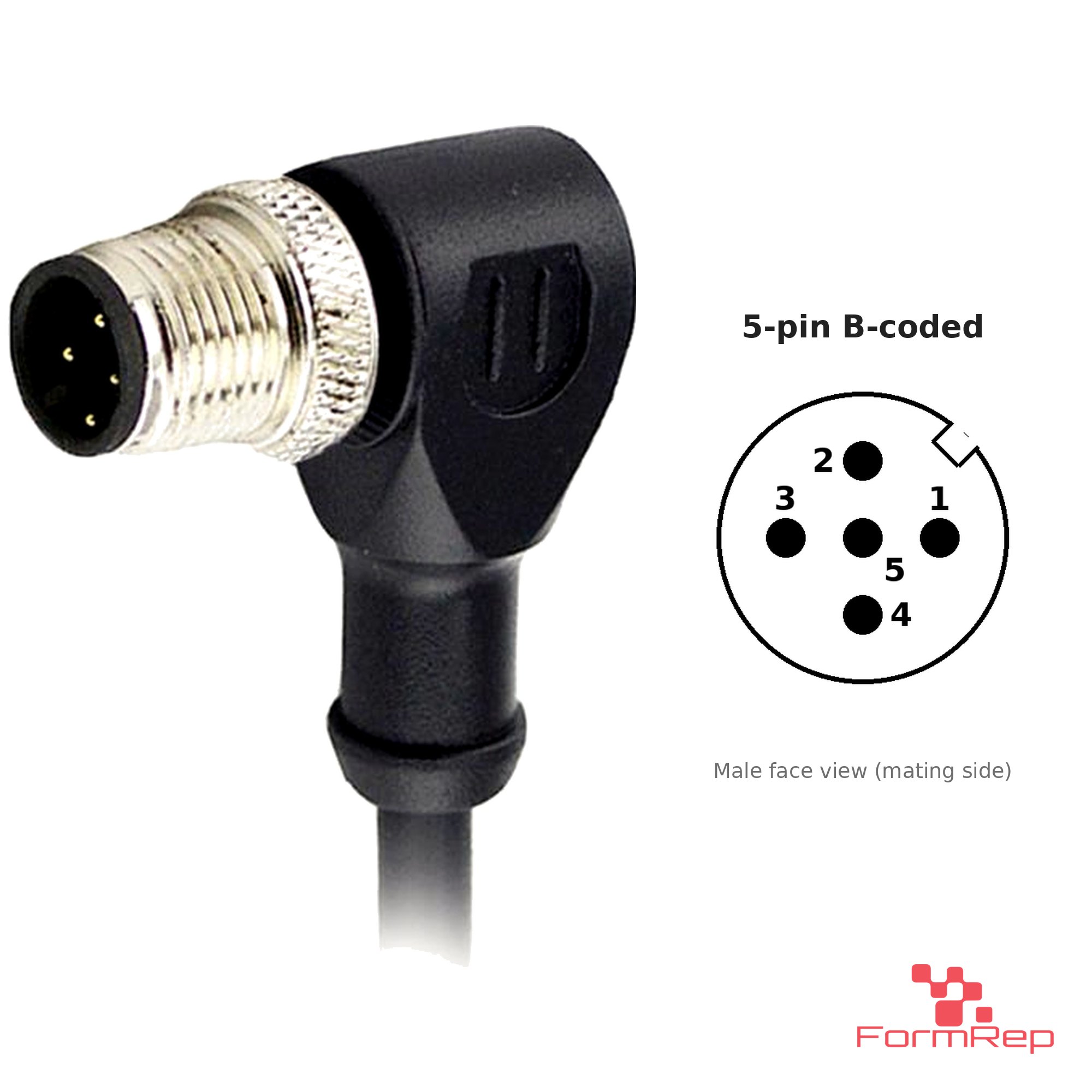 M12 B-Coded Male Right-Angle Molded Cable, Single-Ended, with pin layout M12 B-Coded Male Right-Angle Molded Cable, Single-Ended, with pin layout