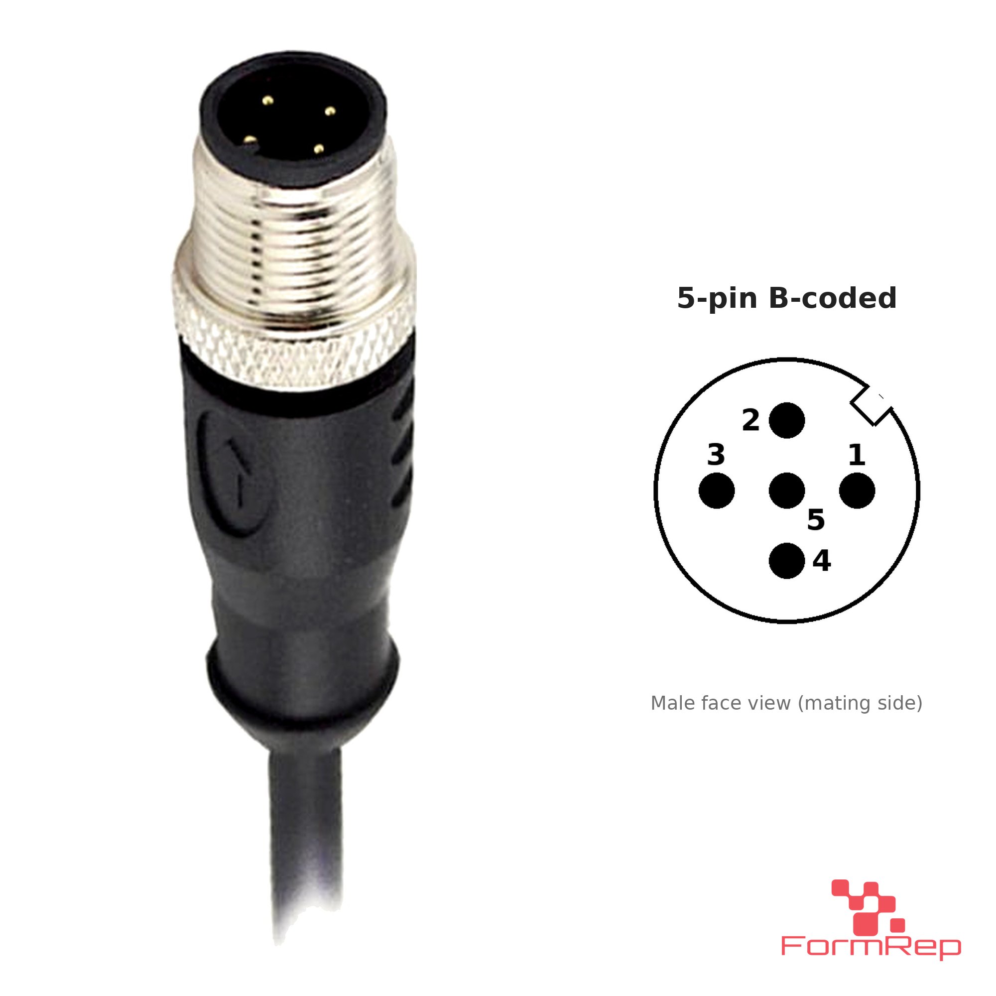 M12 B-Coded Male Straight Molded Cable, Single-Ended, with pin layout M12 B-Coded Male Straight Molded Cable, Single-Ended, with pin layout