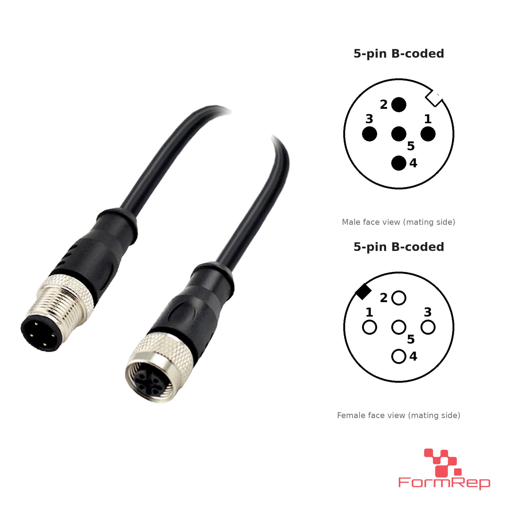 M12 B-Coded Male to Female Straight Extension Cable, with pin layout
