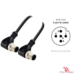 M12 B-Coded Male to Male Right-Angle Cable, with pin layout