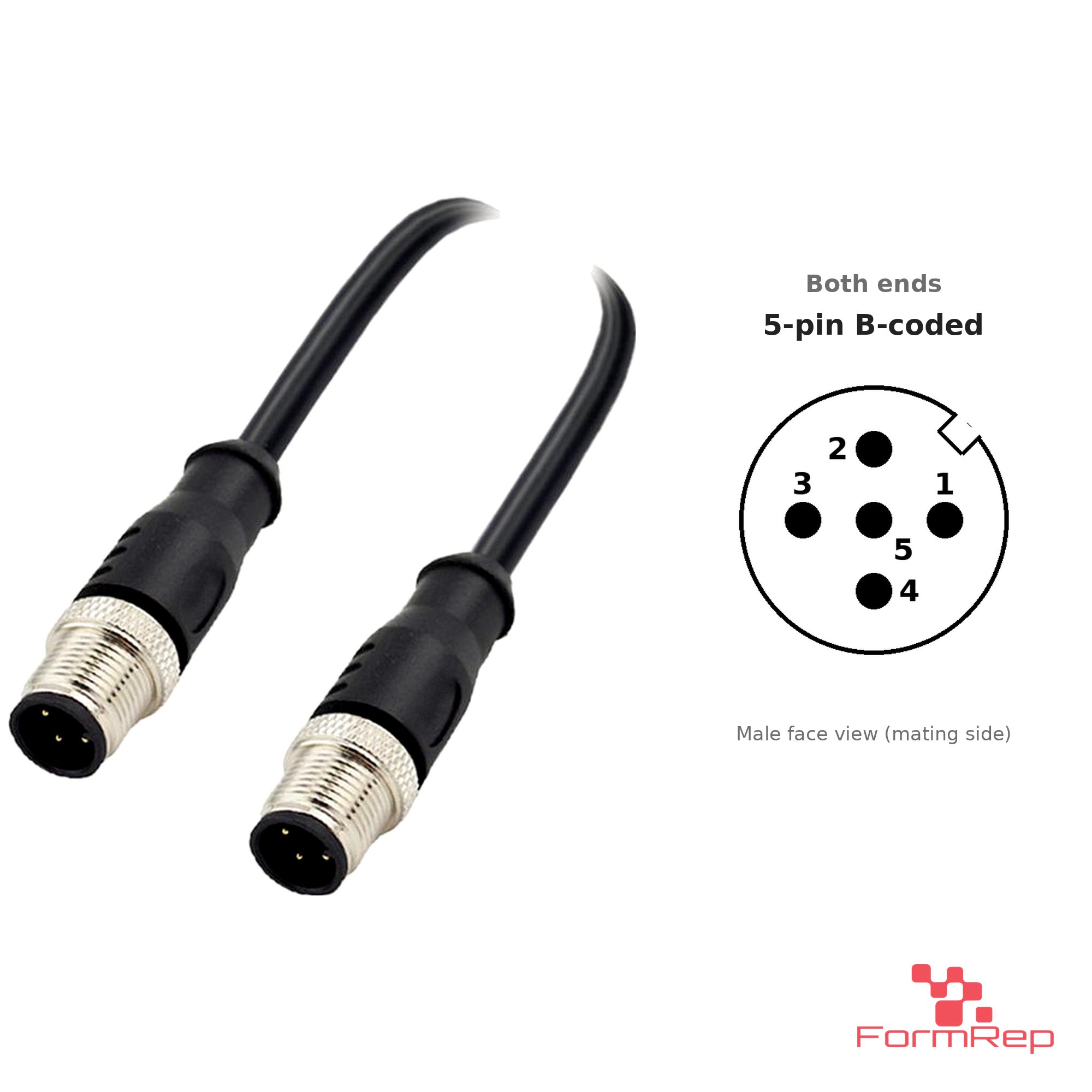 M12 B-Coded Male to Male Straight Cable, with pin layout