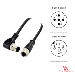 M12 B-Coded Male Right-Angle to Female Straight Cable, with pin layout