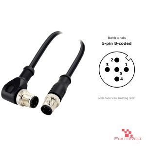 M12 B-Coded Male Straight to Male Right-Angle Cable, with pin layout