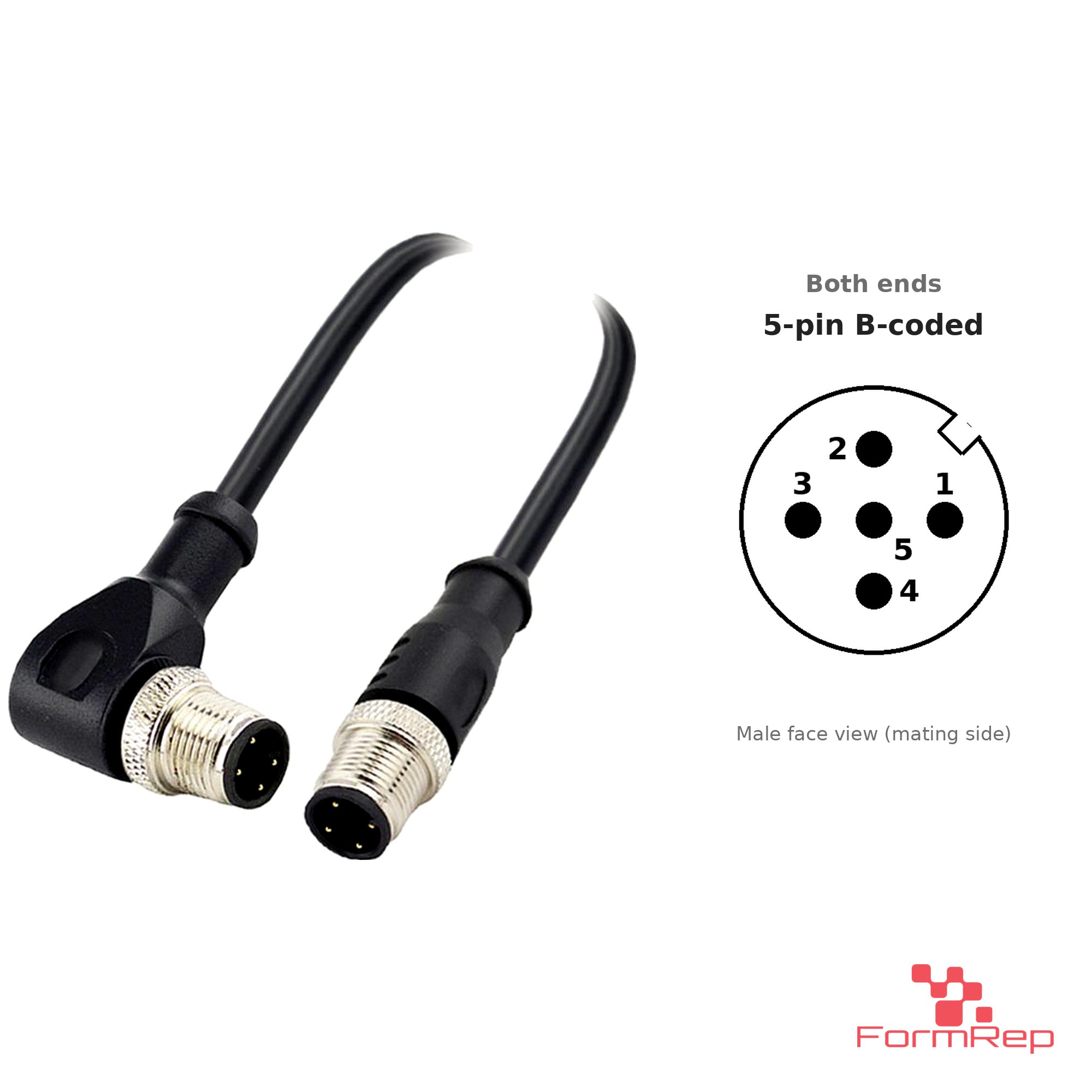 M12 B-Coded Male Straight to Male Right-Angle Cable, with pin layout