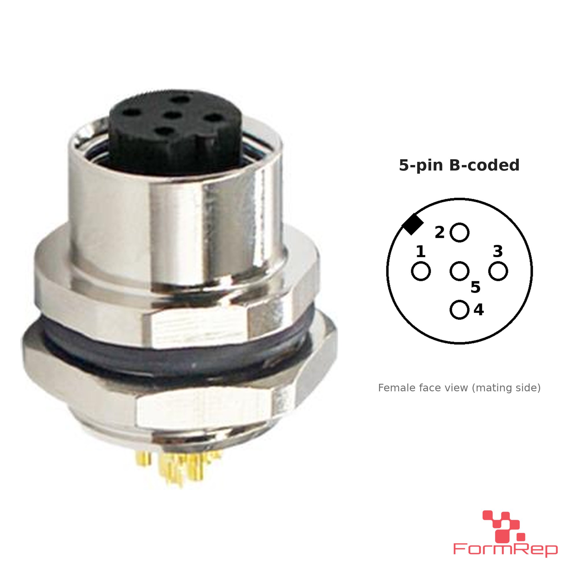 M12 B-Coded Panel-Mount Receptacle, Solder Cups, female straight, rear mount M12 B-Coded Panel-Mount Receptacle, Solder Cups, female straight, rear mount