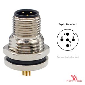 M12 B-Coded Panel-Mount Receptacle, Solder Cups, male straight, front mount