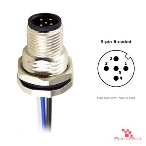M12 B-Coded Panel-Mount Receptacle, Pre-Wired Leads, male straight, front mount
