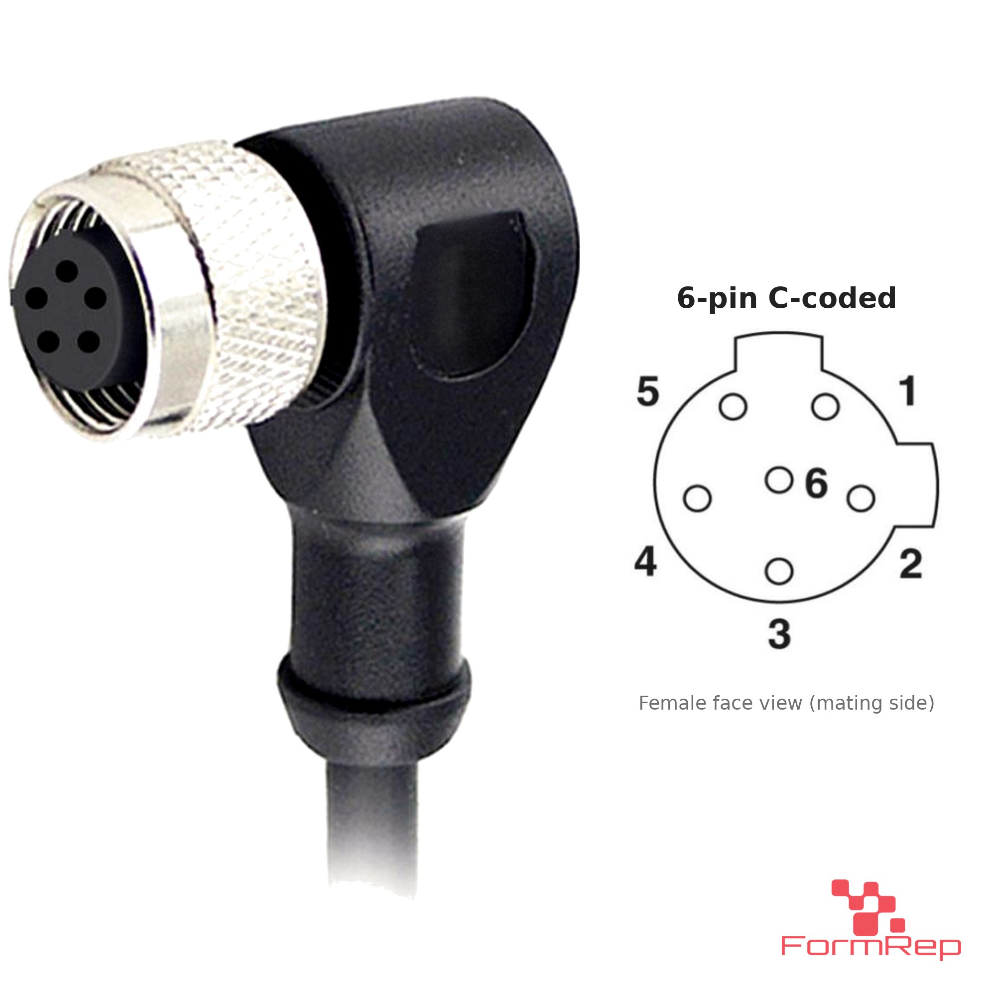 M12 C-Coded Female Right-Angle Molded Cable, Single-Ended, 6-pin, with pin layout M12 C-Coded Female Right-Angle Molded Cable, Single-Ended, 6-pin, with pin layout