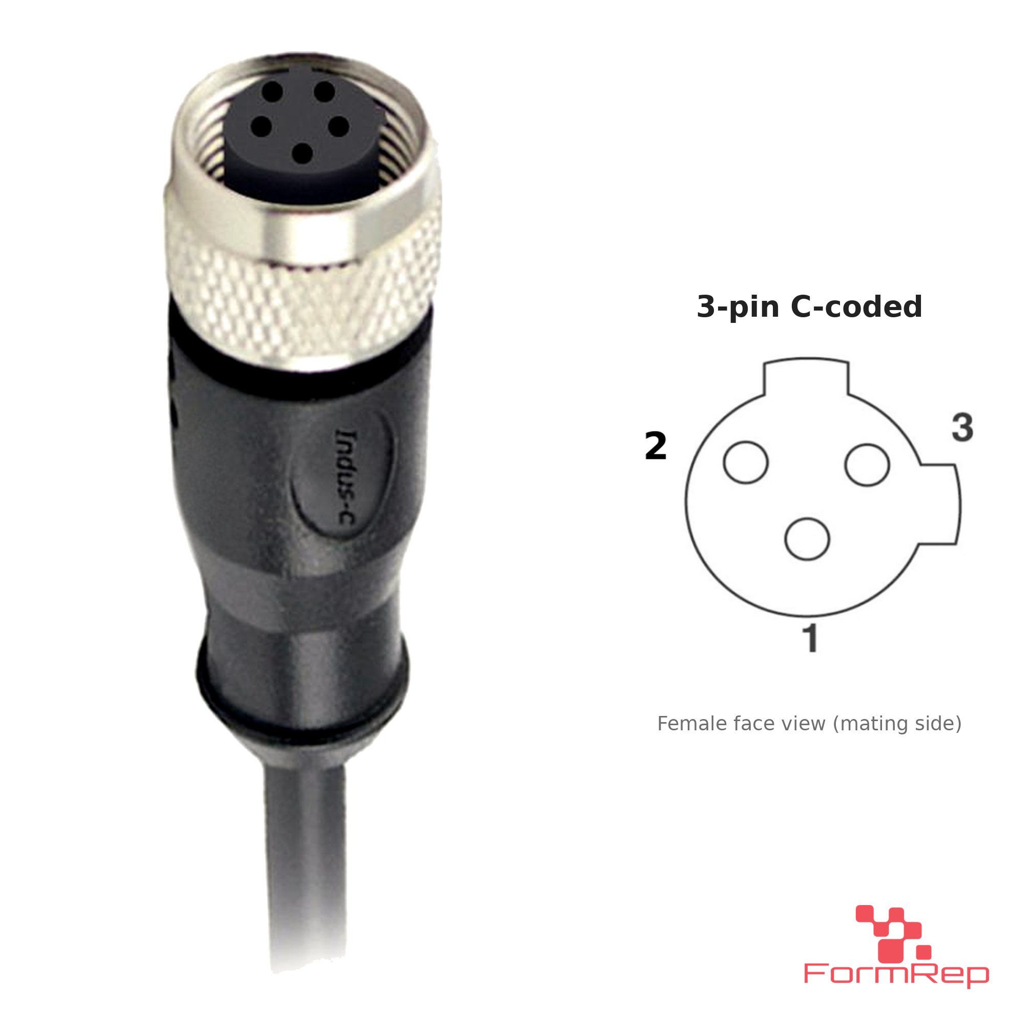 M12 C-Coded Female Straight Molded Cable, Single-Ended, 3-pin, with pin layout M12 C-Coded Female Straight Molded Cable, Single-Ended, 3-pin, with pin layout