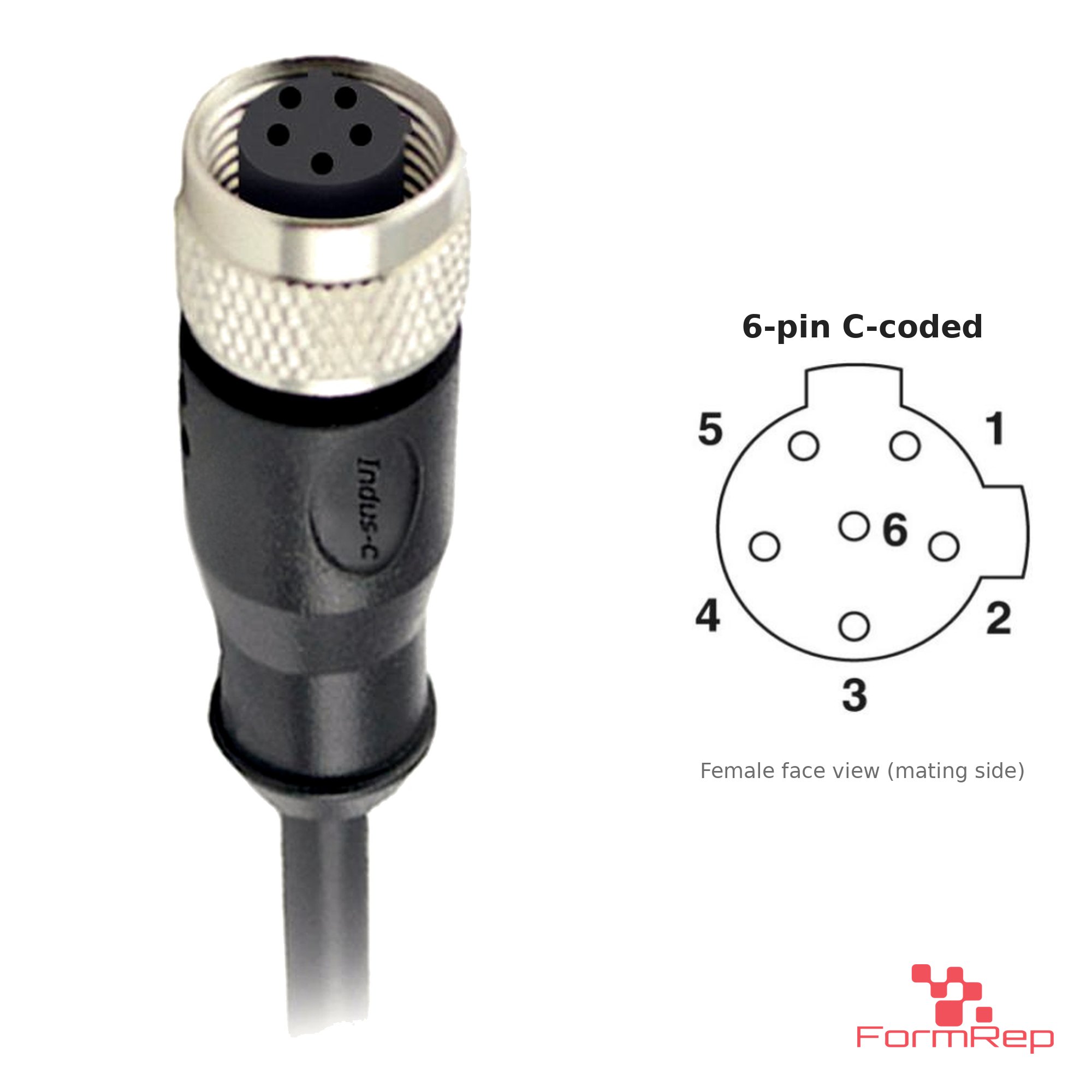 M12 C-Coded Female Straight Molded Cable, Single-Ended, 6-pin, with pin layout M12 C-Coded Female Straight Molded Cable, Single-Ended, 6-pin, with pin layout