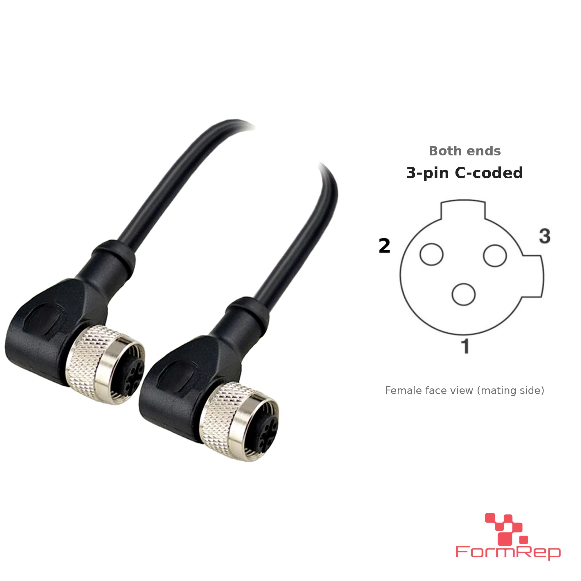 M12 C-Coded Female to Female Right-Angle Cable, 3-pin, with pin layout M12 C-Coded Female to Female Right-Angle Cable, 3-pin, with pin layout
