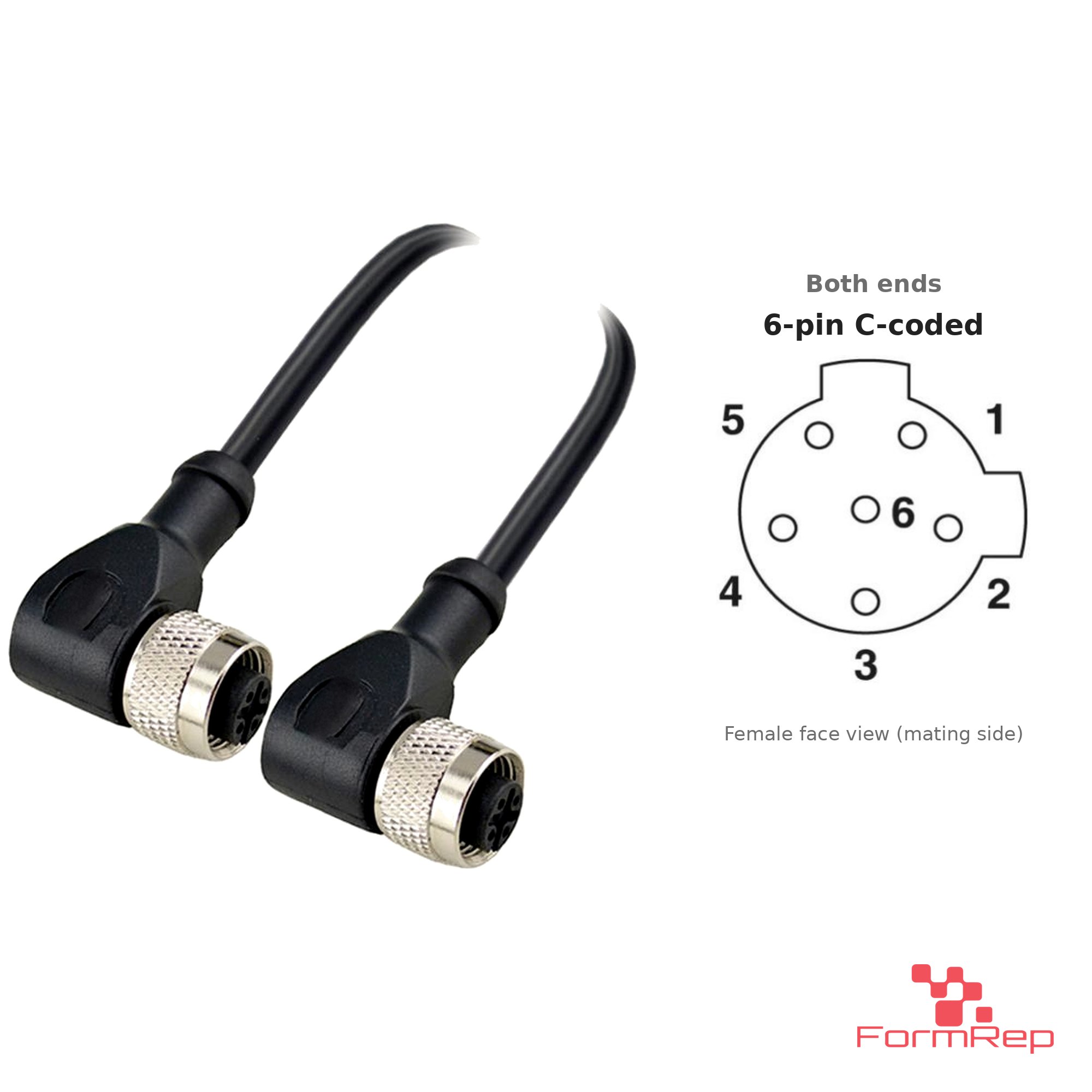 M12 C-Coded Female to Female Right-Angle Cable, 6-pin, with pin layout M12 C-Coded Female to Female Right-Angle Cable, 6-pin, with pin layout