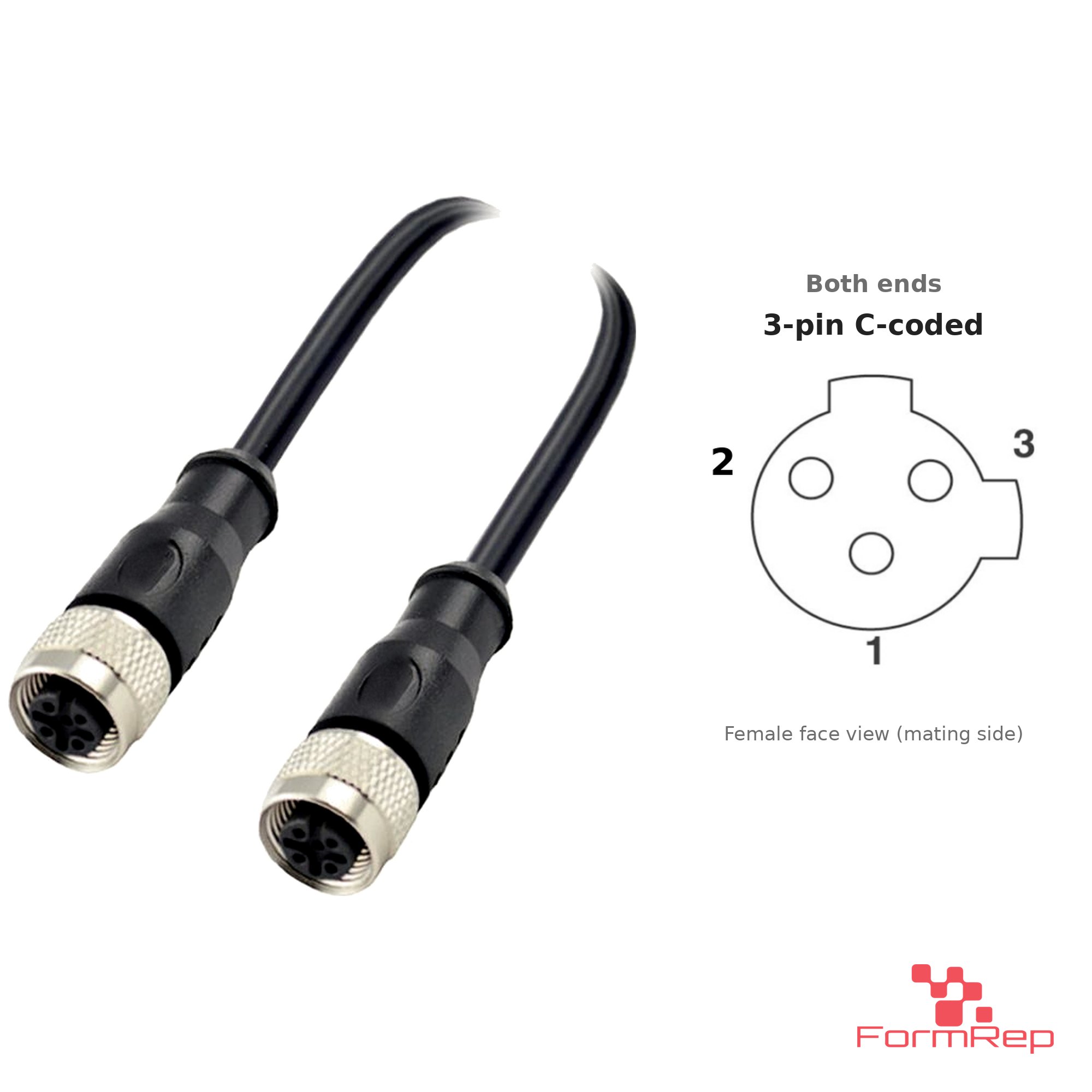 M12 C-Coded Female to Female Straight Cable, 3-pin, with pin layout