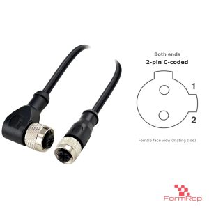 M12 C-Coded Female Straight to Female Right-Angle Cable, 2-pin, with pin layout