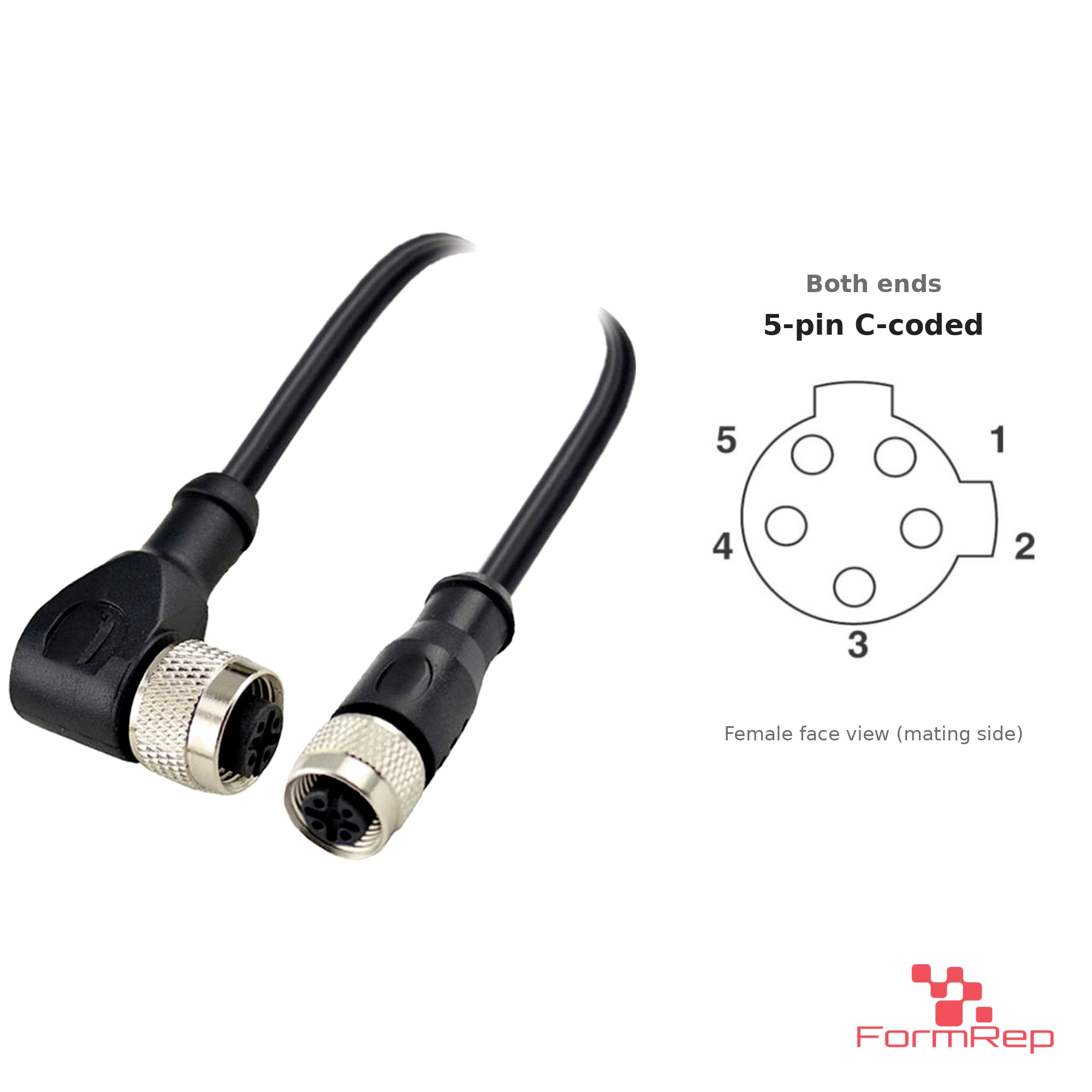M12 C-Coded Female Straight to Female Right-Angle Cable, 5-pin, with pin layout