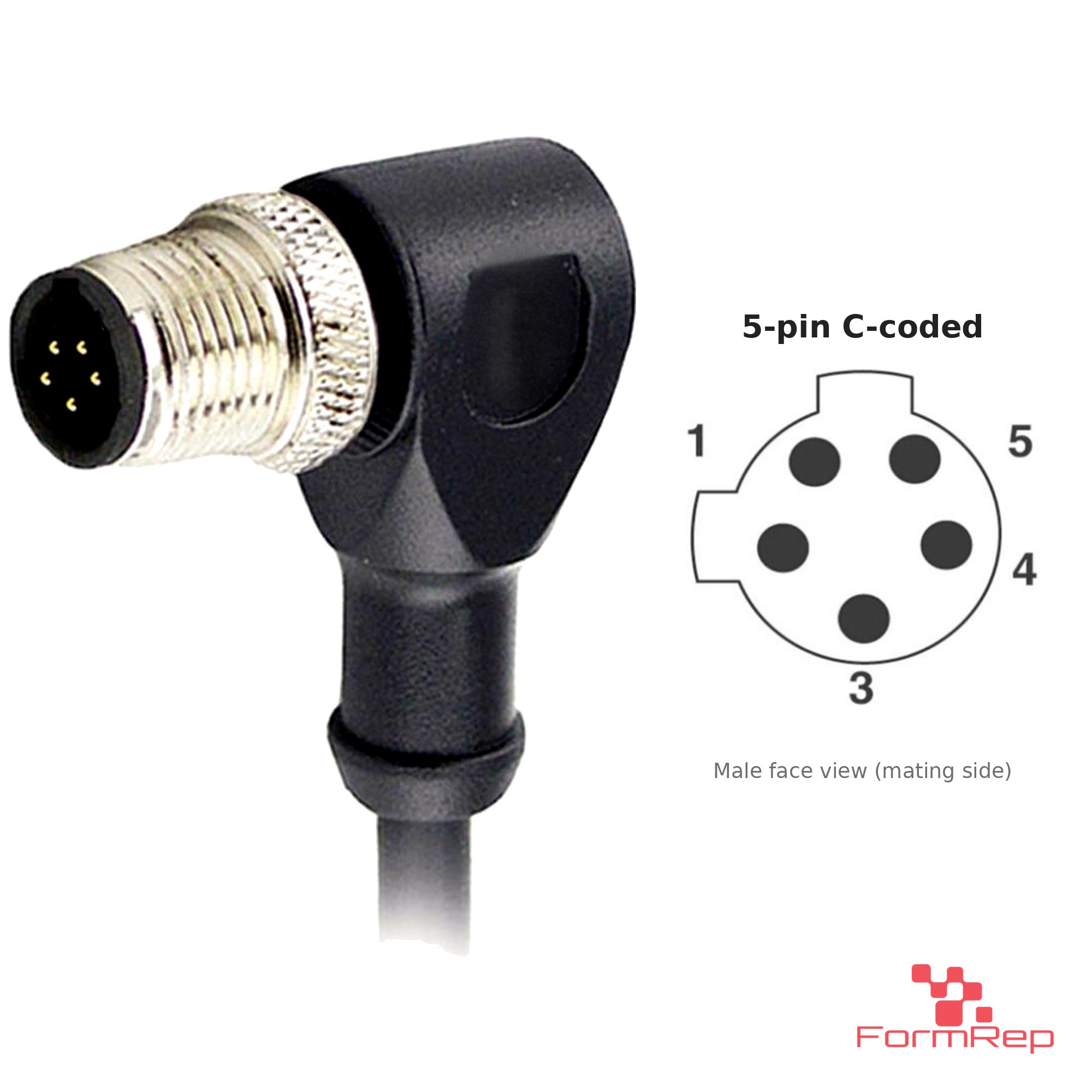 M12 C-Coded Male Right-Angle Molded Cable, Single-Ended, 5-pin, with pin layout M12 C-Coded Male Right-Angle Molded Cable, Single-Ended, 5-pin, with pin layout
