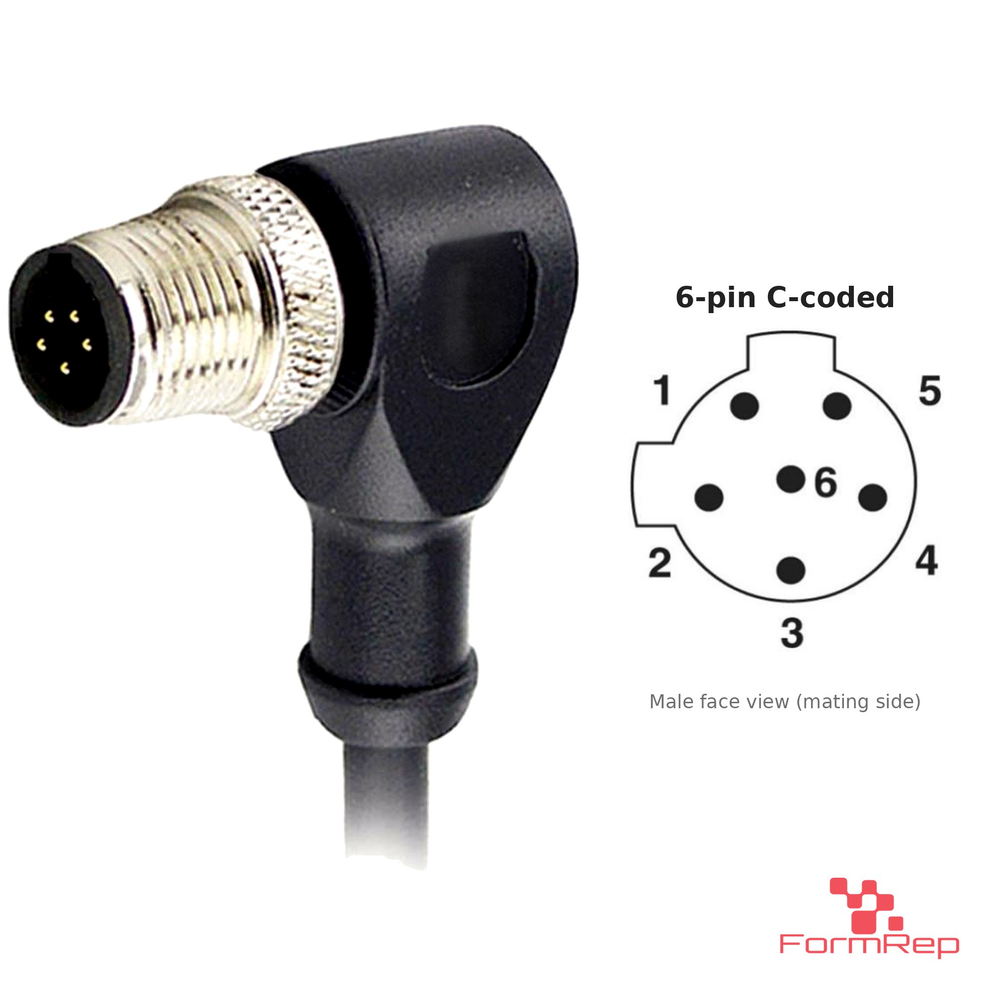 M12 C-Coded Male Right-Angle Molded Cable, Single-Ended, 6-pin, with pin layout M12 C-Coded Male Right-Angle Molded Cable, Single-Ended, 6-pin, with pin layout
