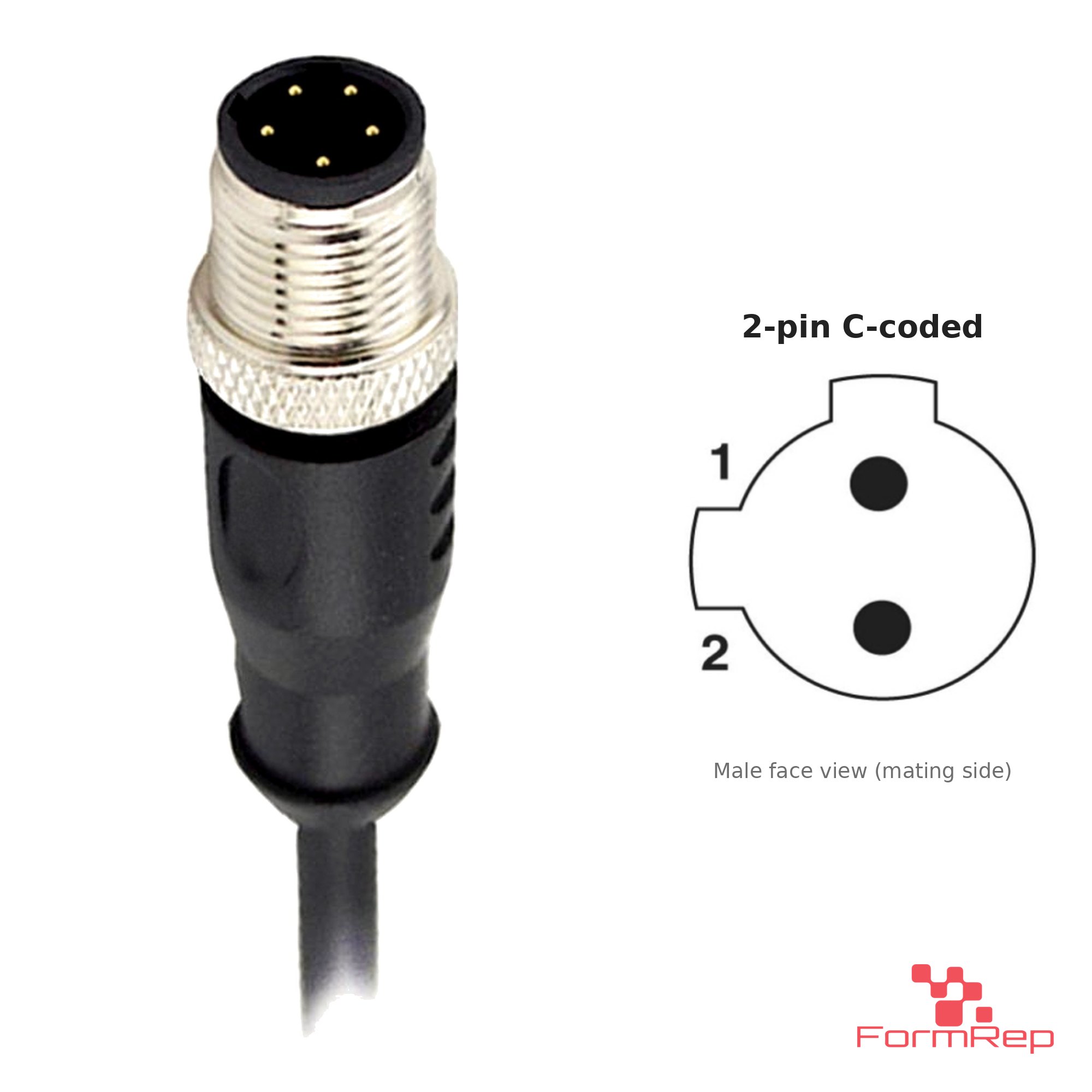 M12 C-Coded Male Straight Molded Cable, Single-Ended, 2-pin, with pin layout M12 C-Coded Male Straight Molded Cable, Single-Ended, 2-pin, with pin layout