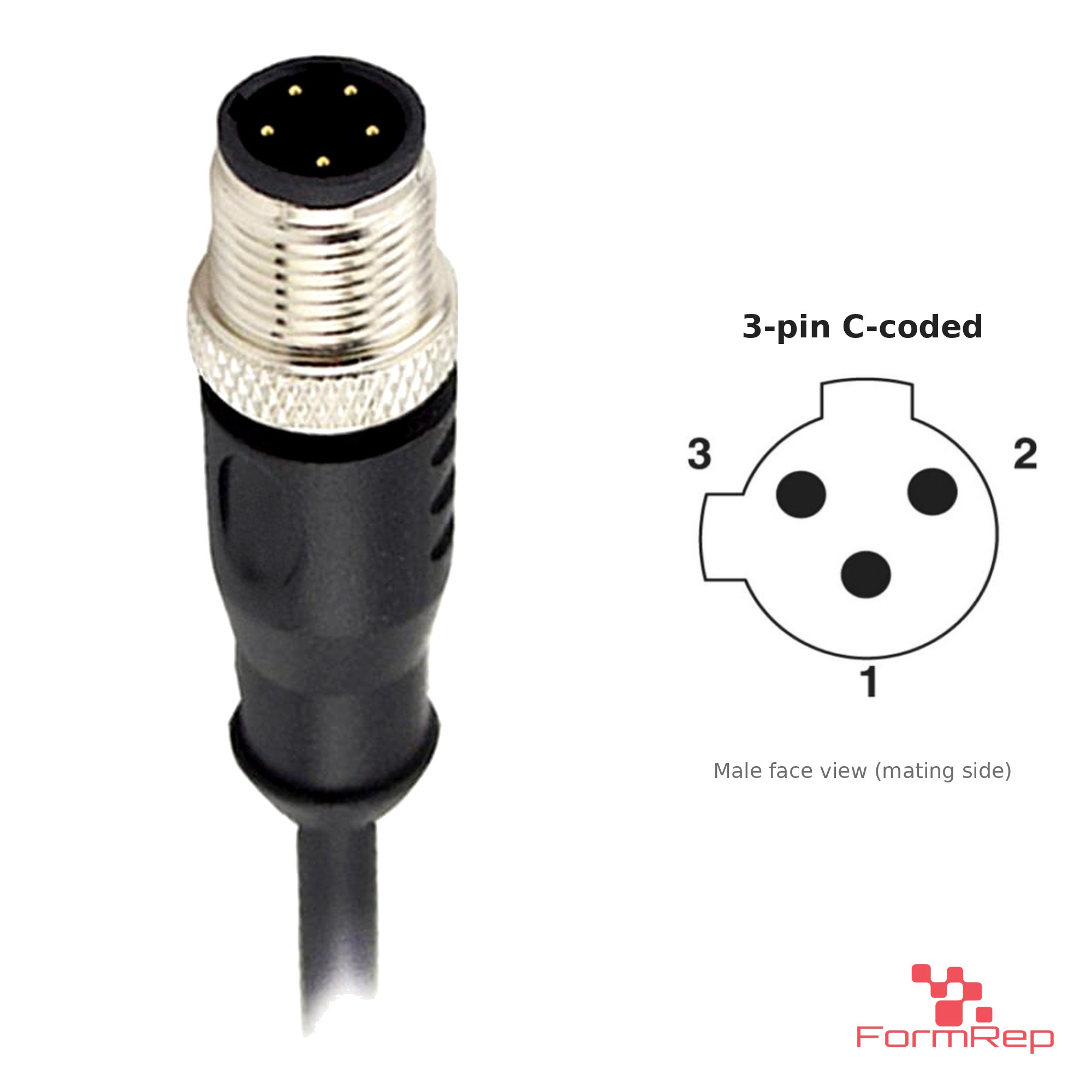 M12 C-Coded Male Straight Molded Cable, Single-Ended, 3-pin, with pin layout M12 C-Coded Male Straight Molded Cable, Single-Ended, 3-pin, with pin layout
