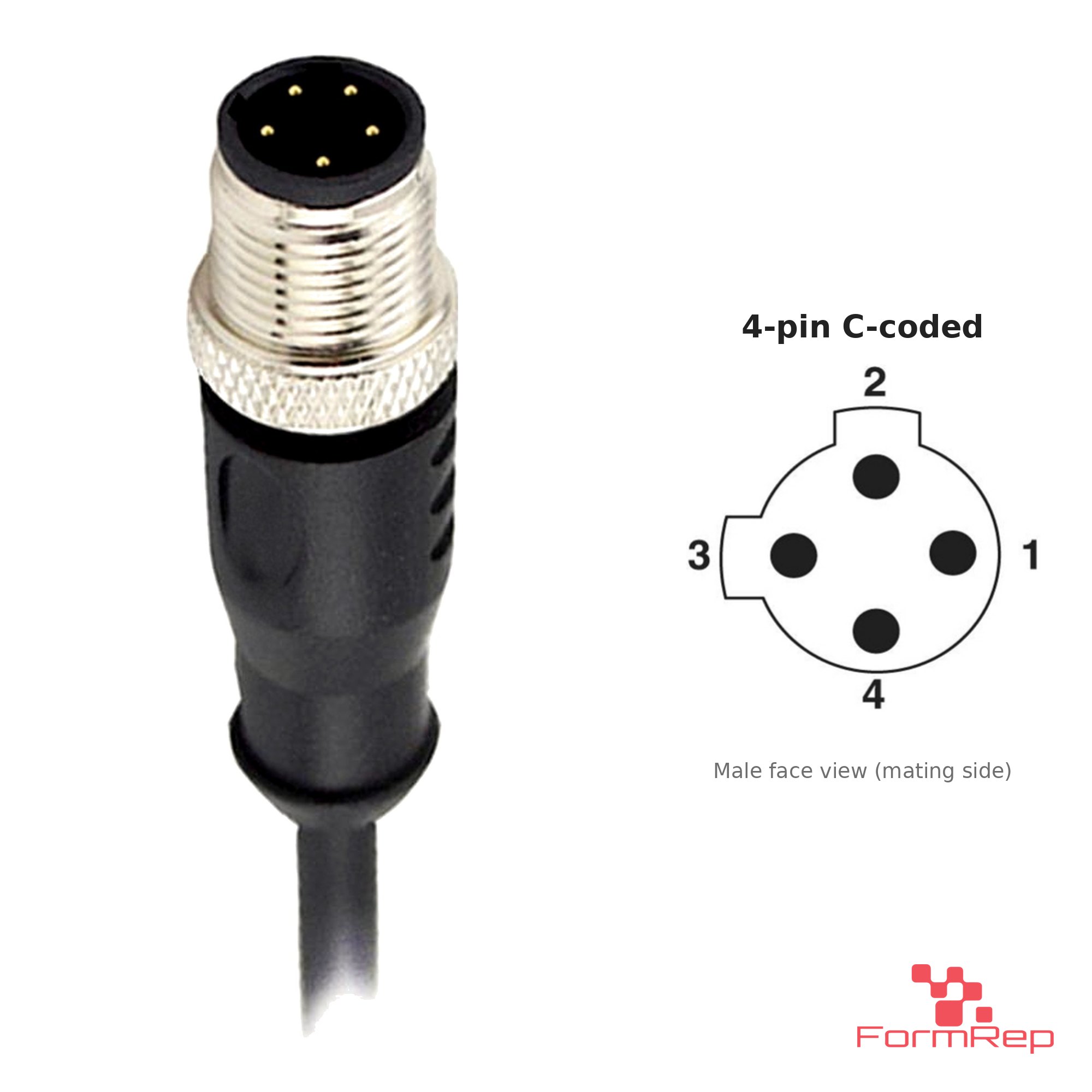 M12 C-Coded Male Straight Molded Cable, Single-Ended, 4-pin, with pin layout M12 C-Coded Male Straight Molded Cable, Single-Ended, 4-pin, with pin layout
