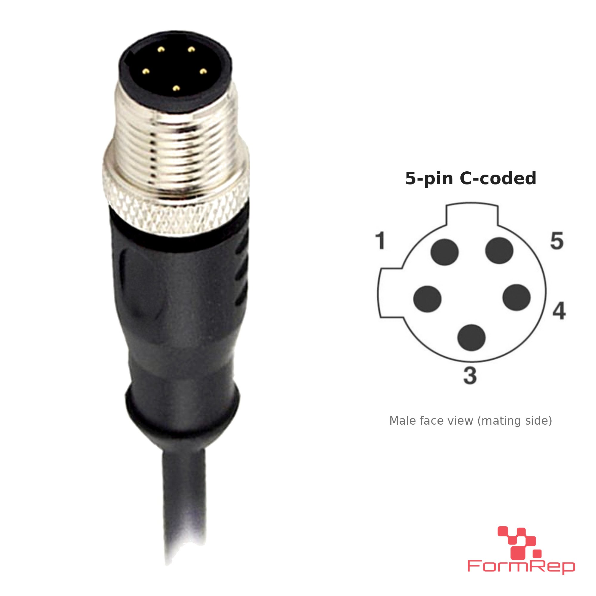 M12 C-Coded Male Straight Molded Cable, Single-Ended, 5-pin, with pin layout M12 C-Coded Male Straight Molded Cable, Single-Ended, 5-pin, with pin layout