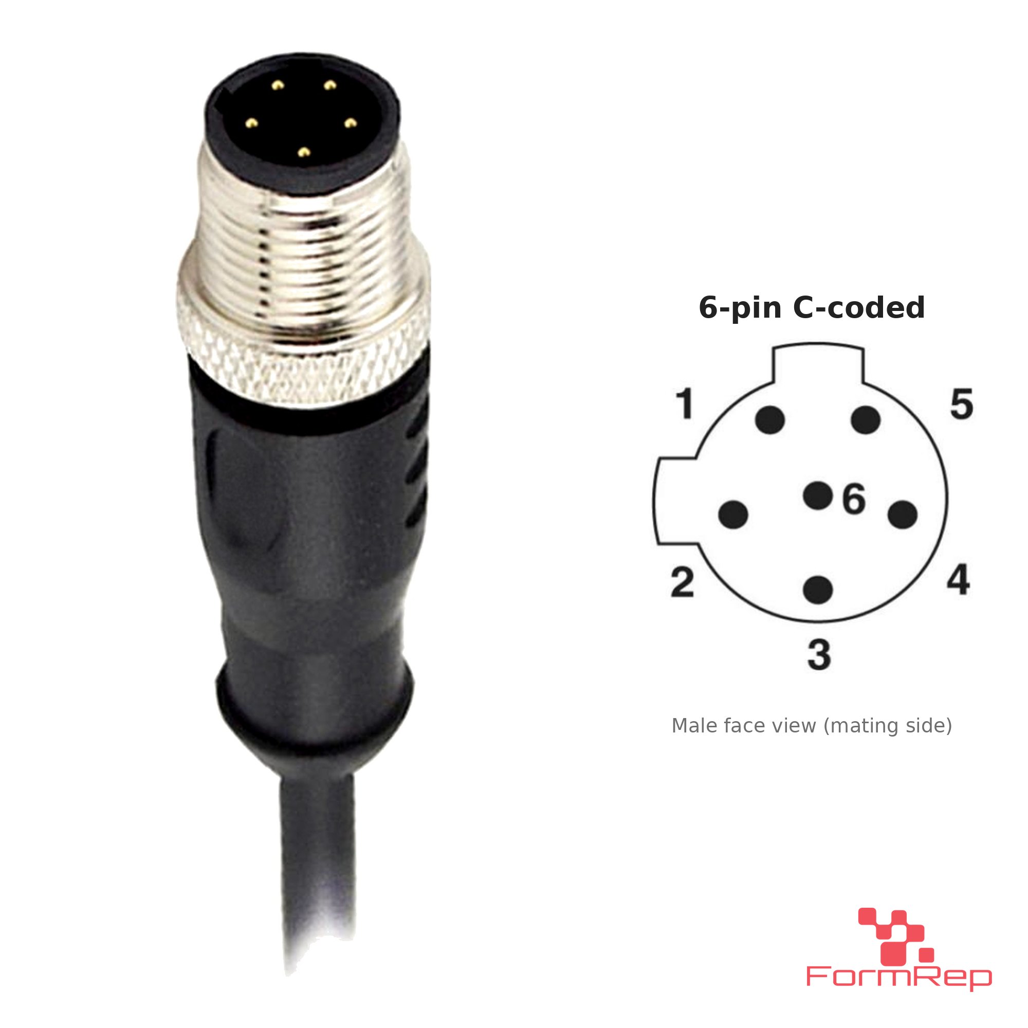 M12 C-Coded Male Straight Molded Cable, Single-Ended, 6-pin, with pin layout M12 C-Coded Male Straight Molded Cable, Single-Ended, 6-pin, with pin layout