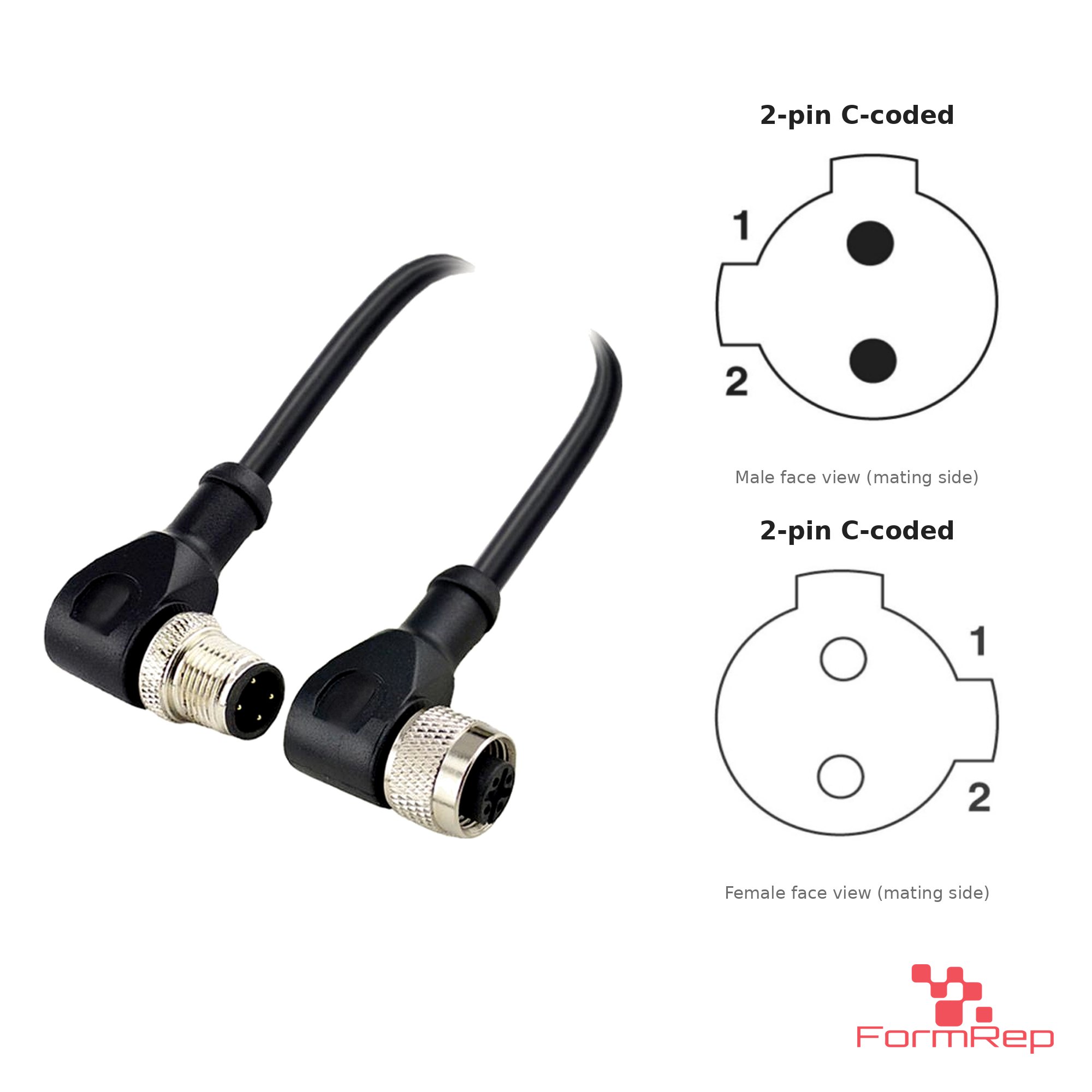 M12 C-Coded Male Right-Angle to Female Right-Angle Cable, 2-pin, with pin layout