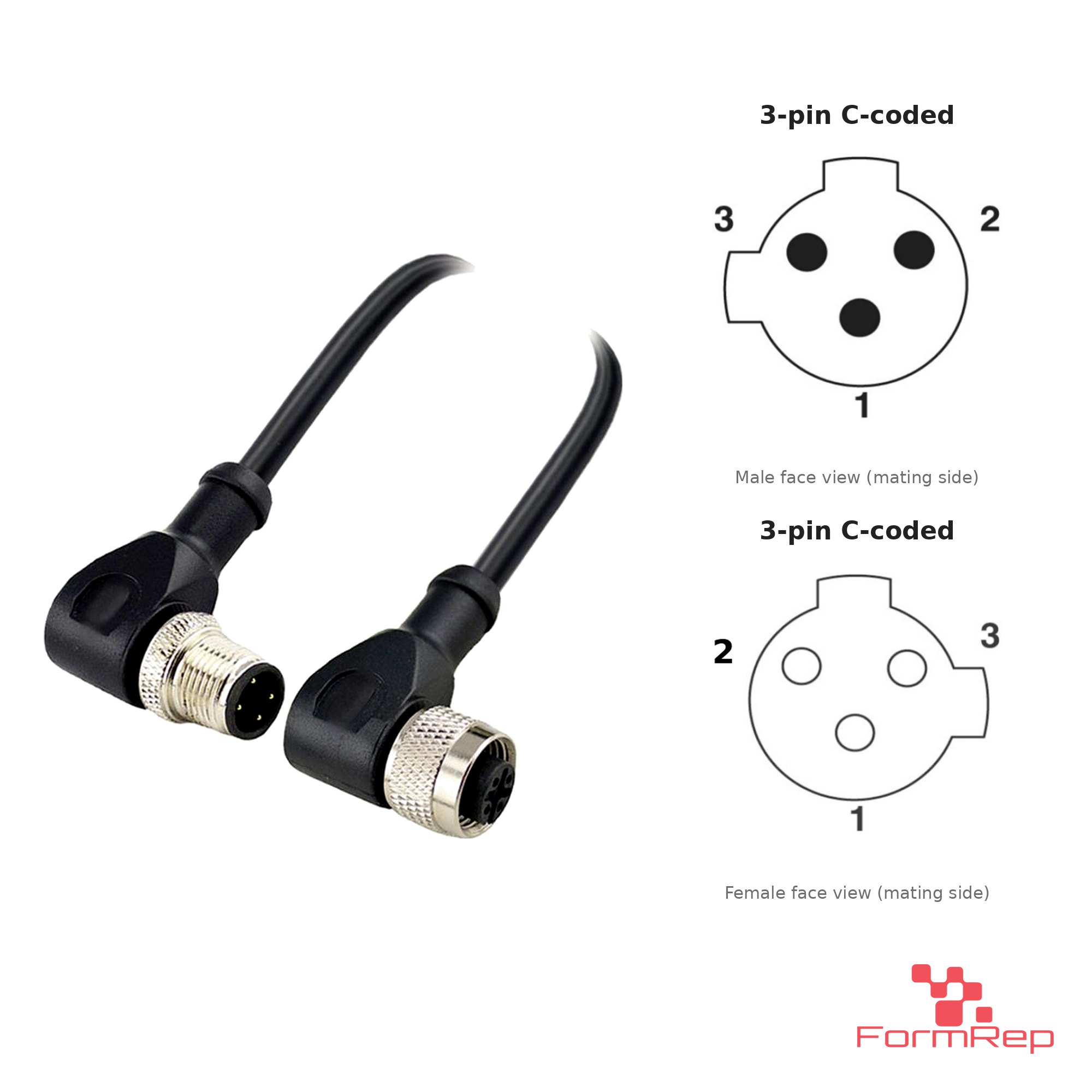 M12 C-Coded Male Right-Angle to Female Right-Angle Cable, 3-pin, with pin layout