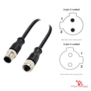 M12 C-Coded Male to Female Straight Extension Cable, 2-pin, with pin layout