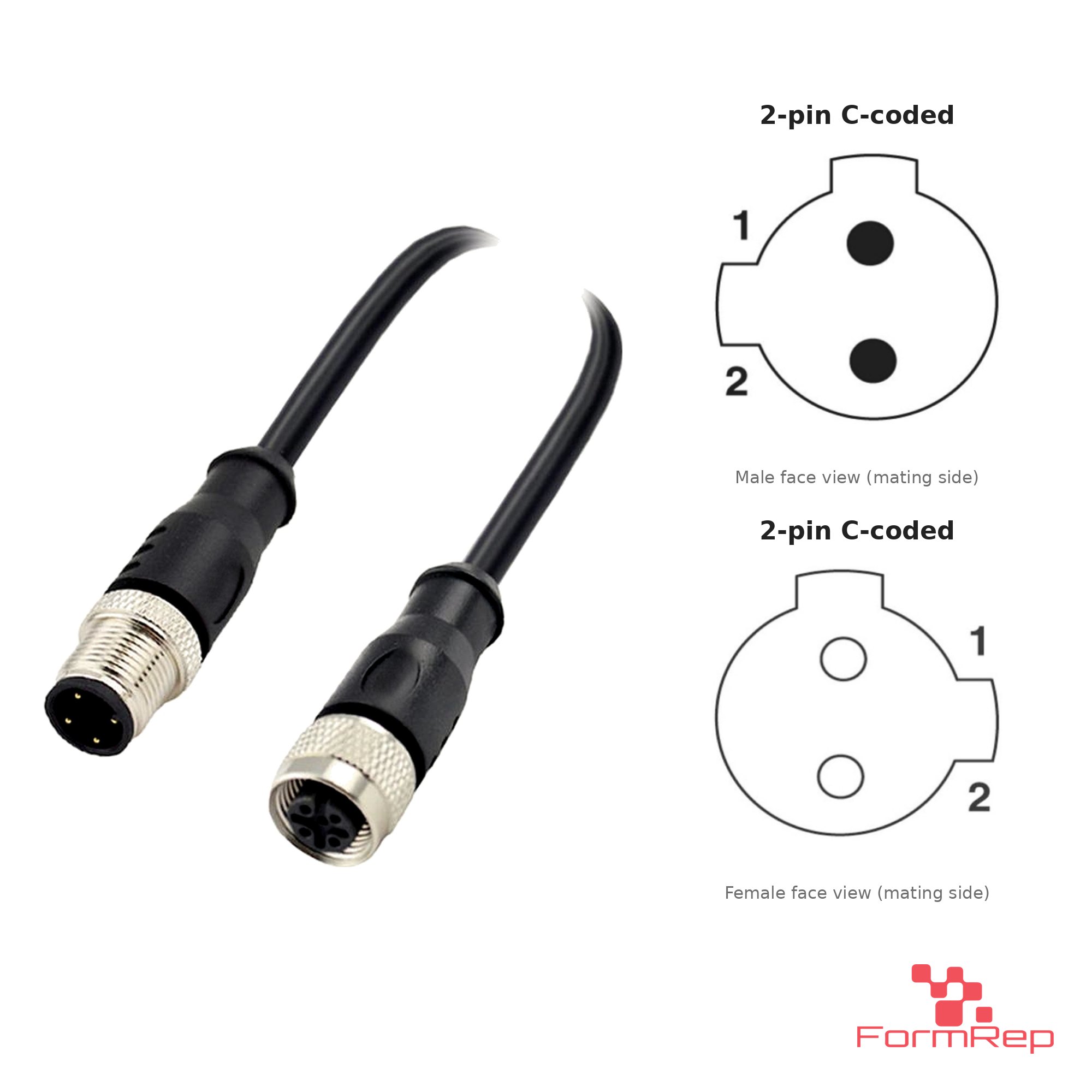 M12 C-Coded Male to Female Straight Extension Cable, 2-pin, with pin layout